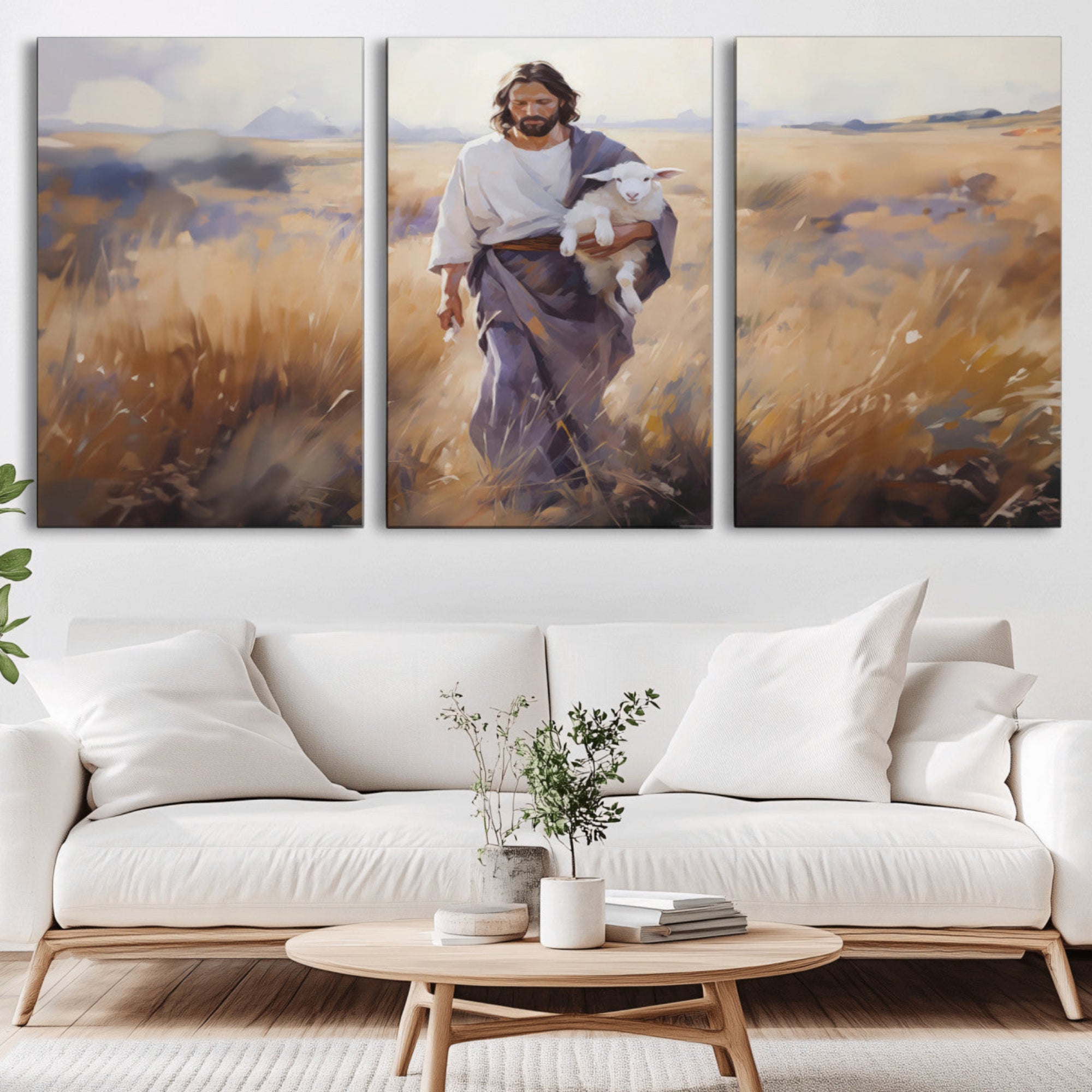 15645-MGV-CV-36X24-Jesus the Good Shepherd Wall Art Canvas Print - Lost Lamb Print for Prayer Room Decor