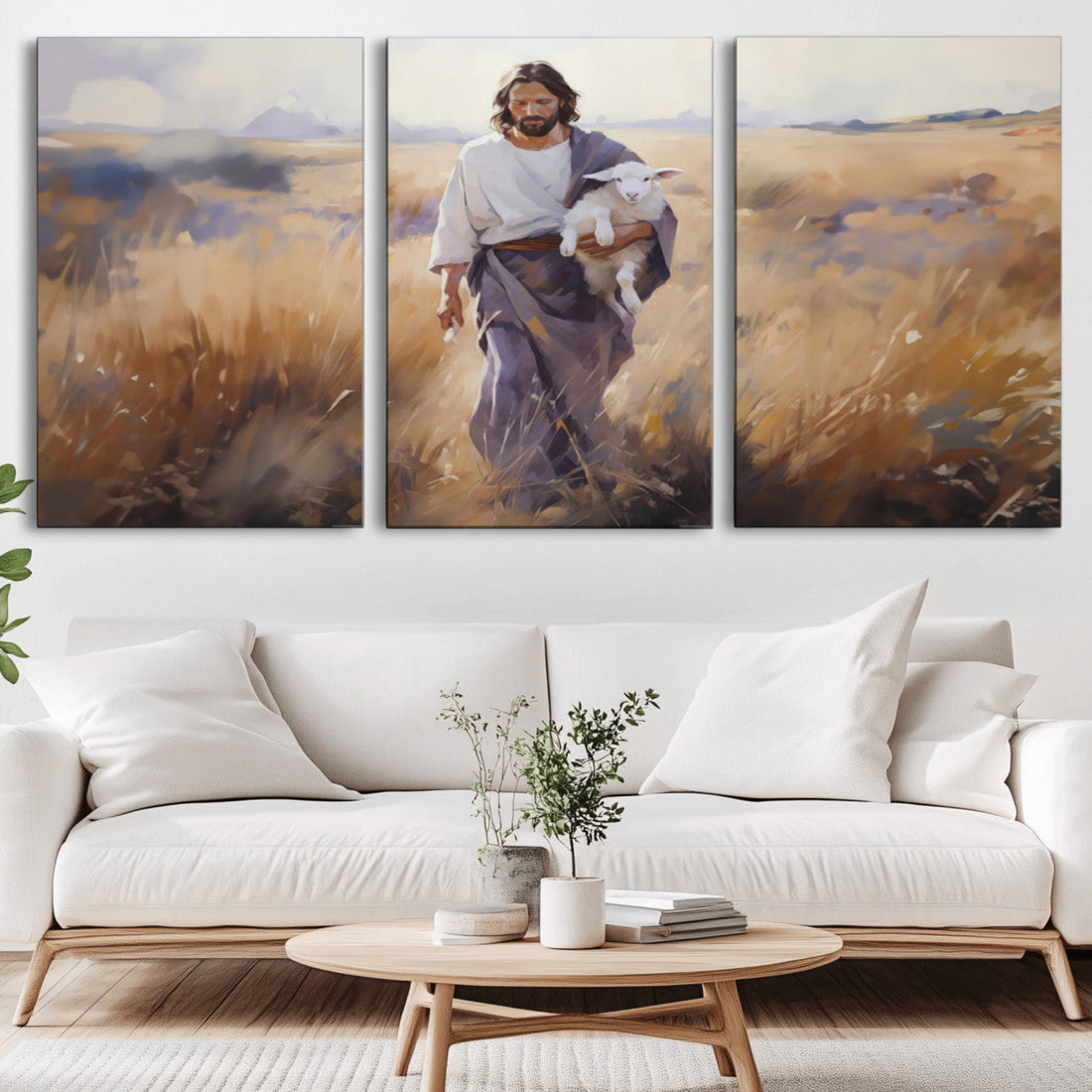 Jesus the Good Shepherd Wall Art Canvas Print, Lost Lamb Print for Prayer Room Decor