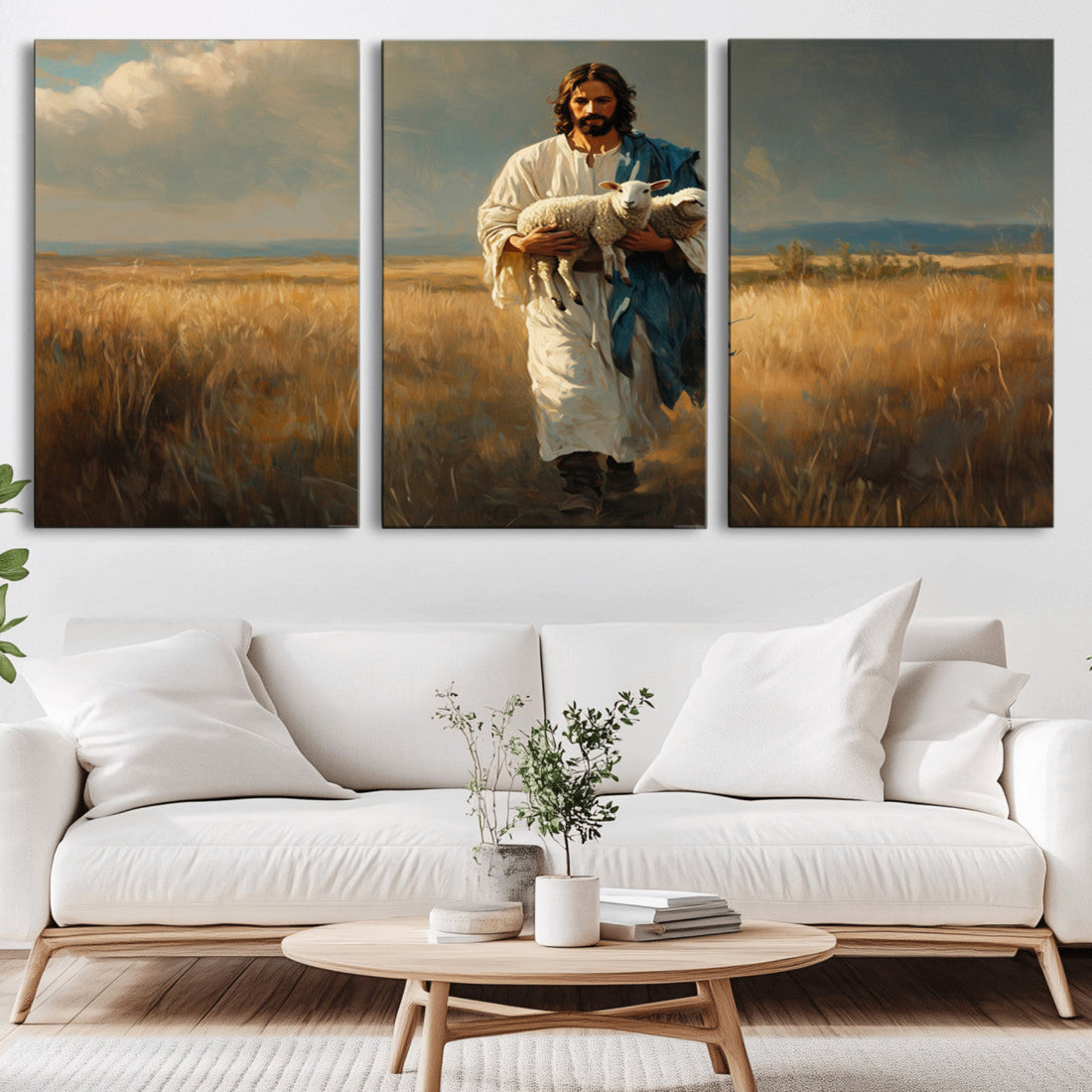 Jesus Shepherd Wall Art | Triptych Canvas of Jesus Holding a Lamb in a Field