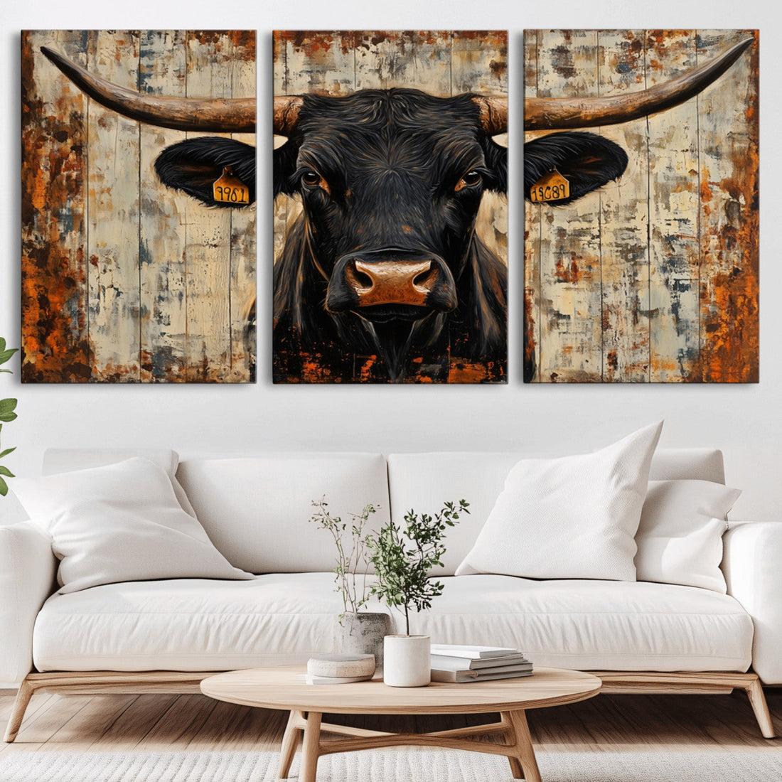 Rustic Texas Artwork Wall Art Canvas Print, Abstract Cow Longhorn Bull Wall Art