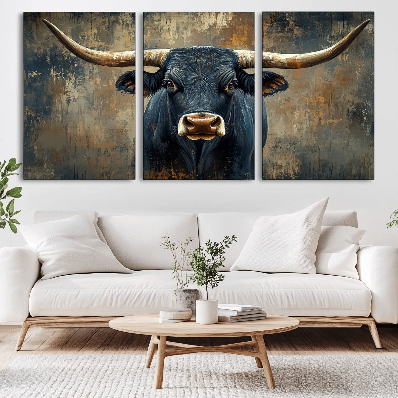 42026-MGV-CV-36X24-Texas Western Wall Art Canvas Print - Abstract Cow Longhorn Bull Wall Art Canvas Print - Rustic Cow
