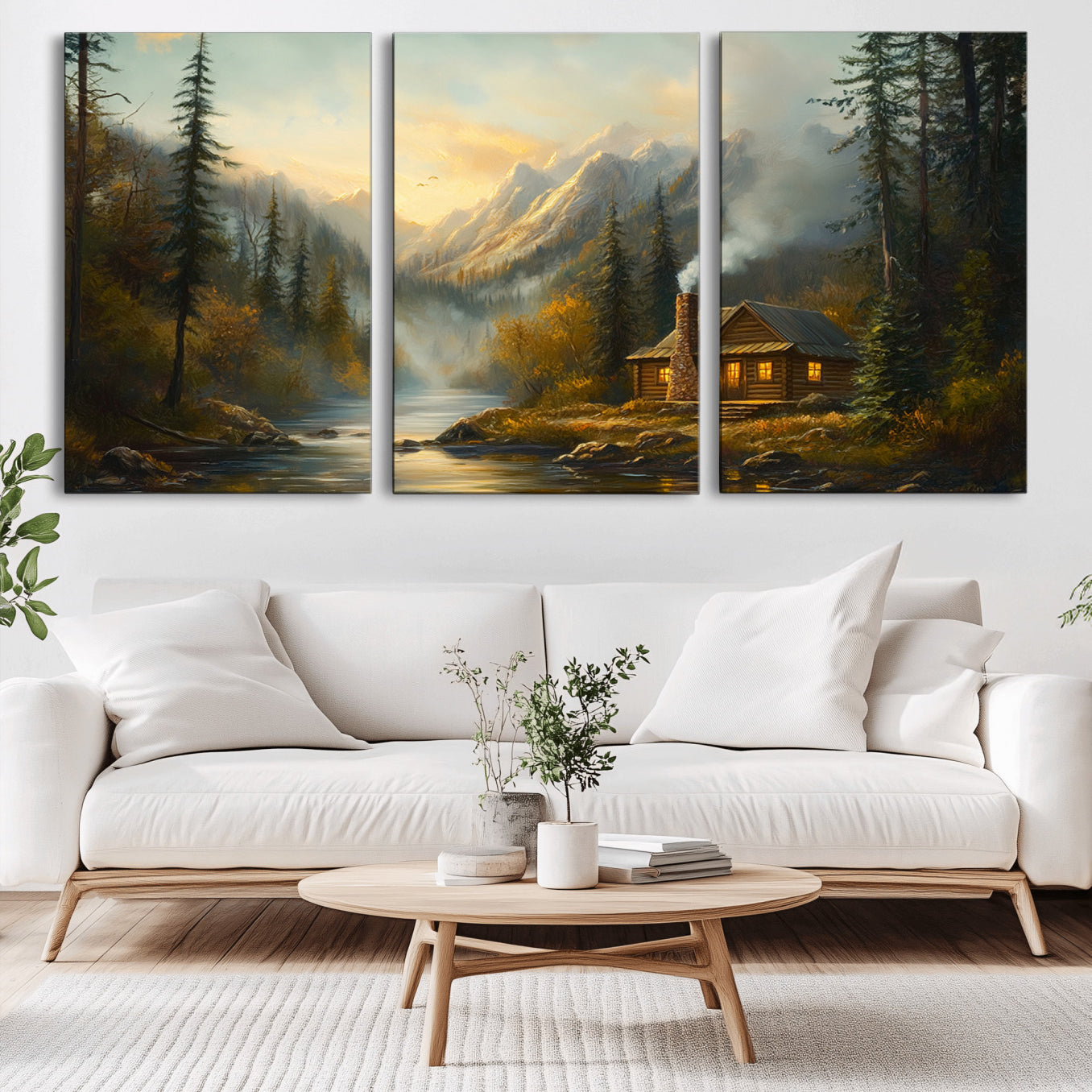76464-MGV-CV-36X24-Wood Cabin Retreat Mountain at Sunset Wall Art Print - Serene Forest and River Landscape Wall Art