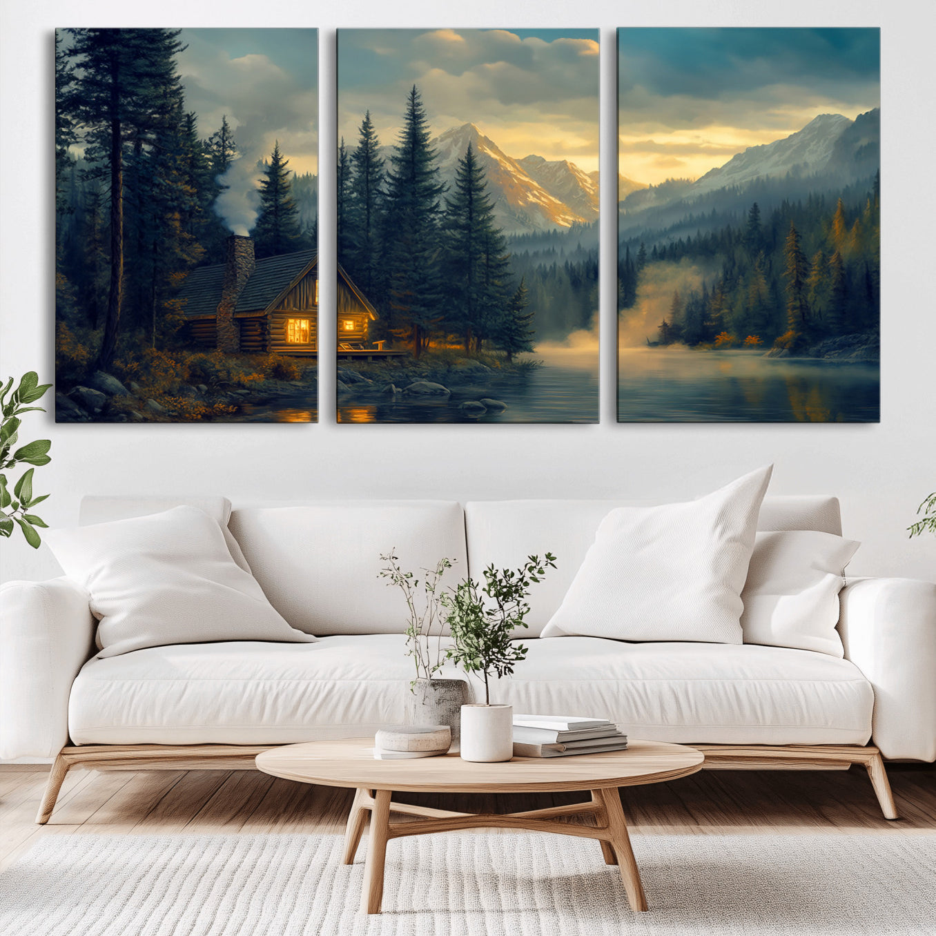 94027-MGV-CV-36X24-Mountain Cabin by the Lake at Sunset Wall Art - Serene Nature Canvas Print for Living Room Decor,
