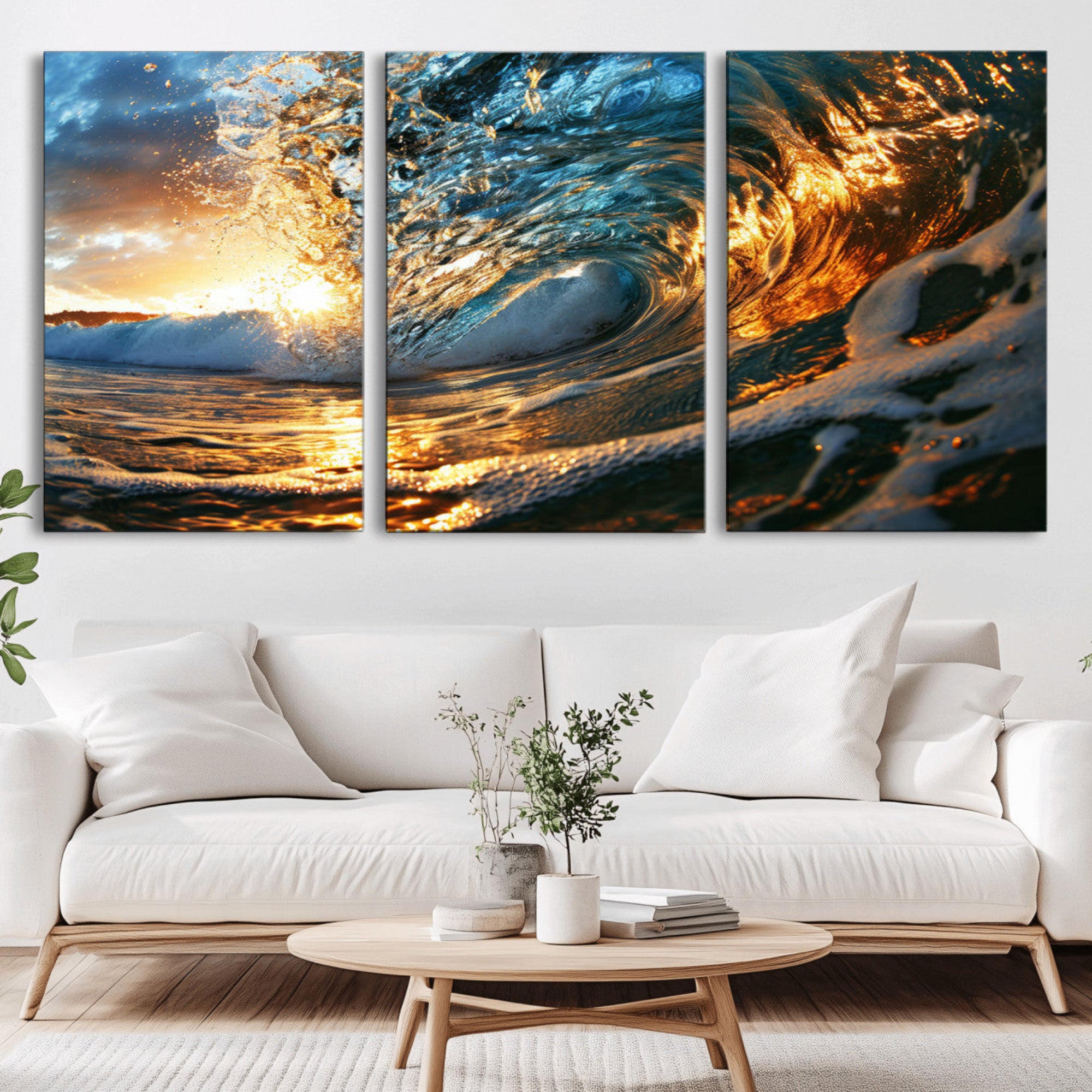 41370-MGV-CV-36X24-Ocean Wave at Sunset Canvas Wall Art – Vibrant Coastal Beach Waves Print, Large Nautical Decor,