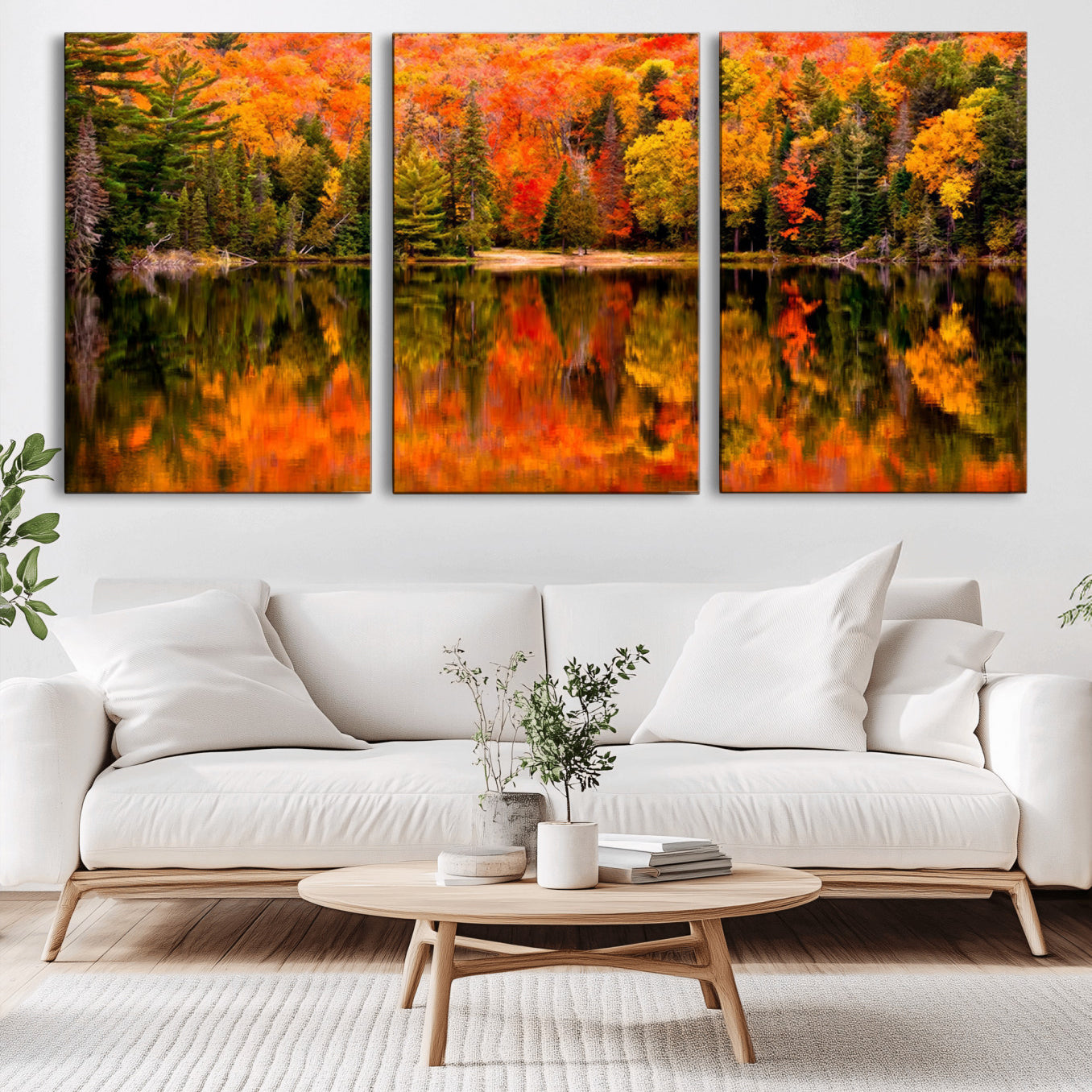 -Forest Reflection Art | Autumn Forest Reflection Wall Art | Triptych Canvas Print | Vibrant Fall