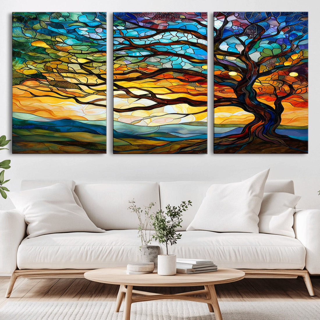 Vibrant Mosaic Tree of Life Wall Art, Stained Glass Style Canvas Print
