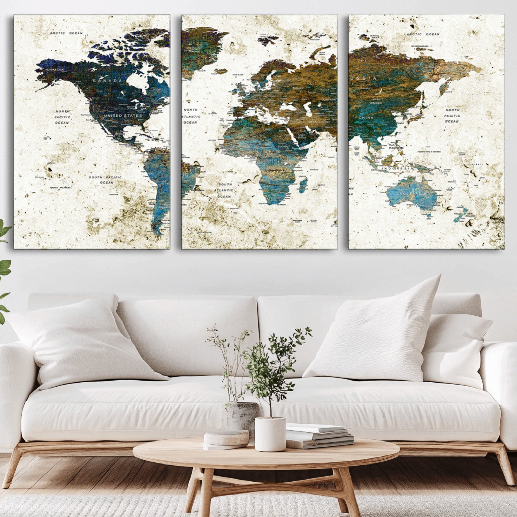 89176-MGV-CV-36X24-Vintage Blue and Brown World Map Canvas Wall Art – Framed Rustic Map Print, Earth Tone Travel Decor for Stylish Home and Office Walls