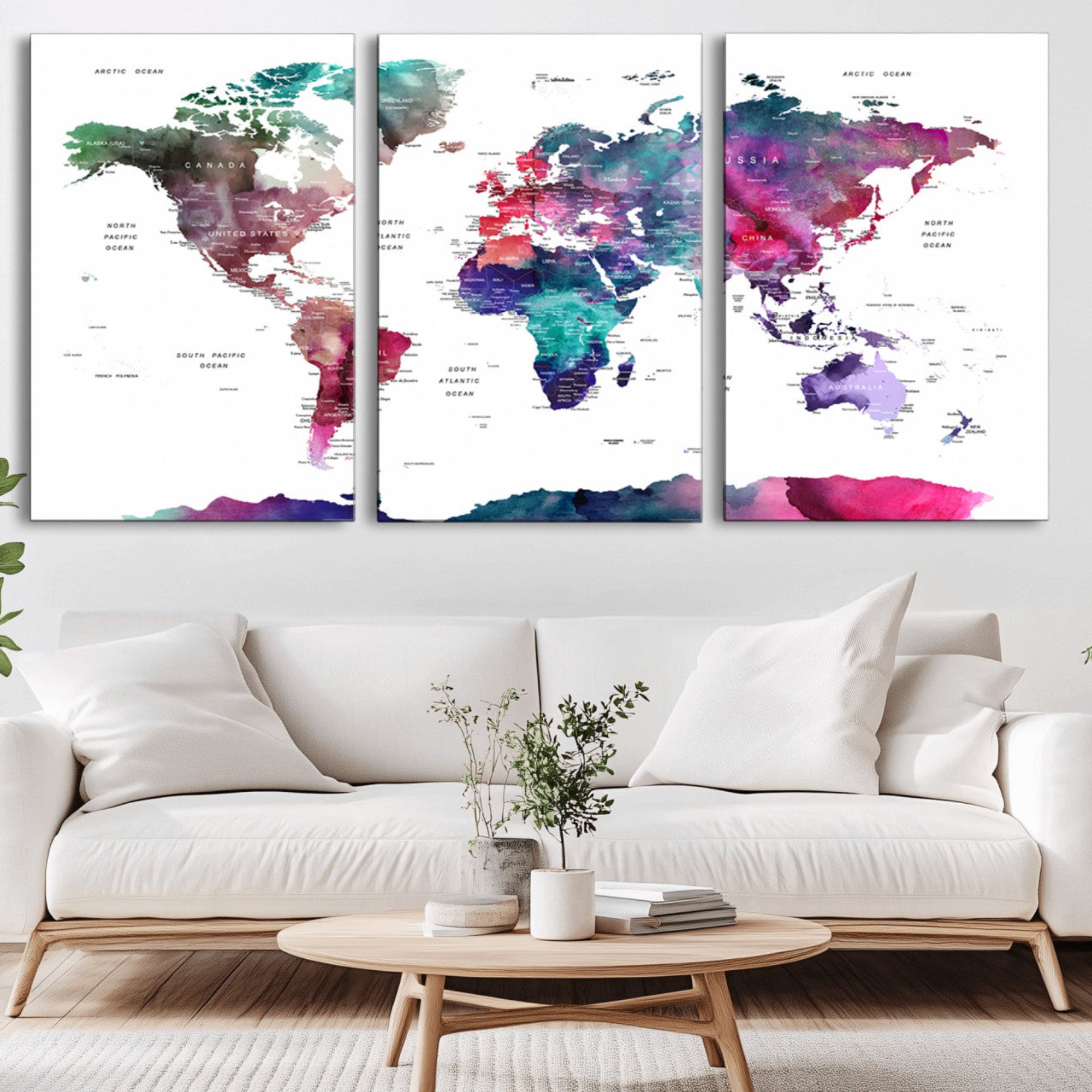 78176-MGV-CV-36X24-Colorful Watercolor World Map Canvas Wall Art – Framed Modern Map Print, Vibrant Travel Inspired Artwork for Home and Office Decor