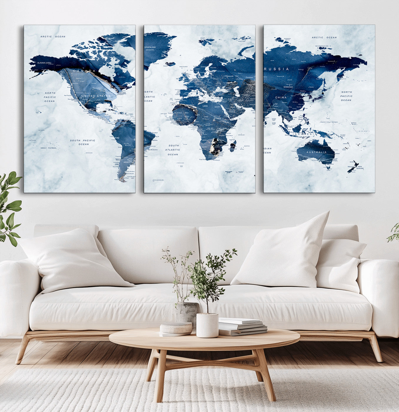 -Modern Blue Marble World Map Canvas Print – Framed Push Pin Wall Art, Elegant Travel Map Artwork for Home Office or Living Room Decor