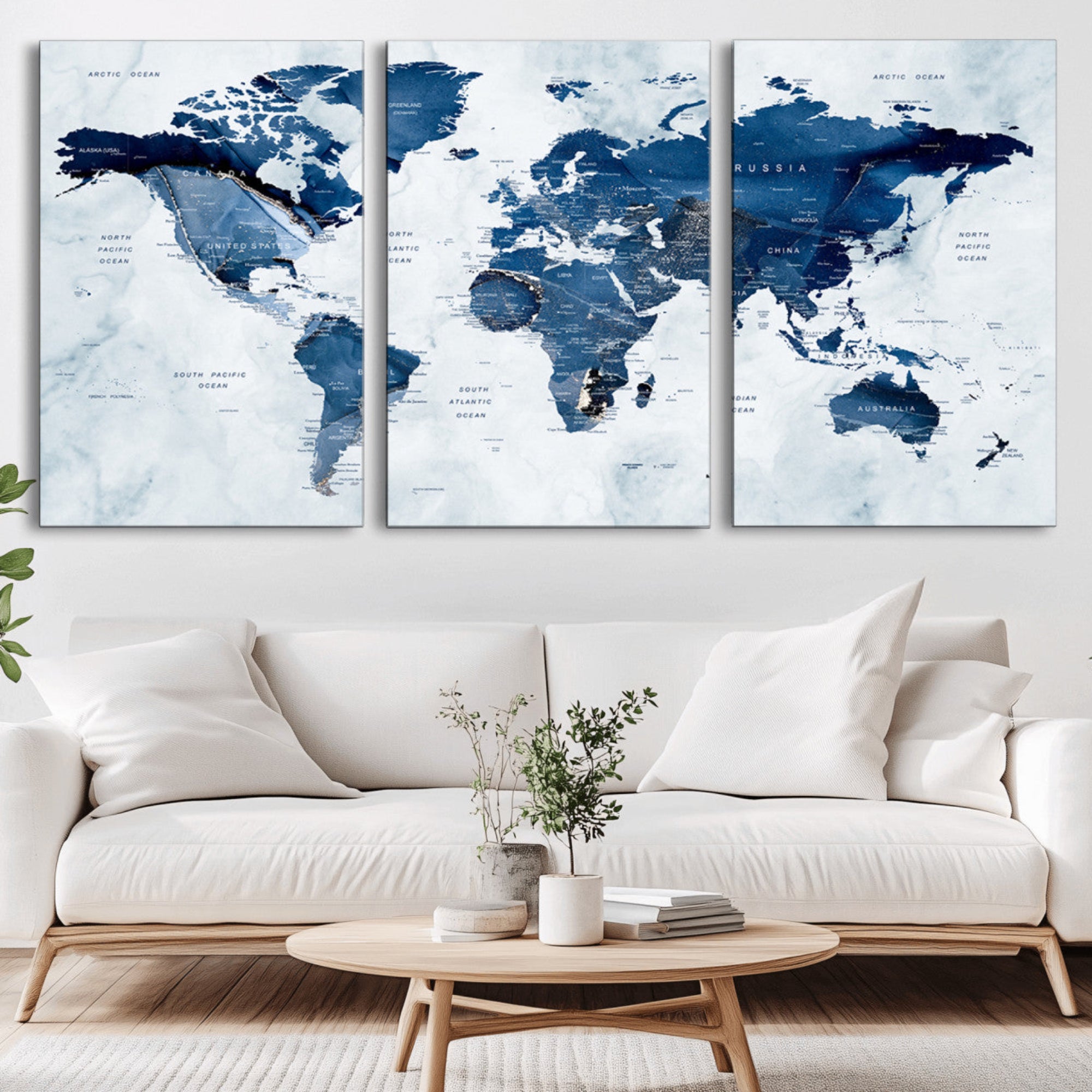 88266-MGV-CV-36X24-Modern Blue Marble World Map Canvas Print – Framed Push Pin Wall Art, Elegant Travel Map Artwork for Home Office or Living Room Decor