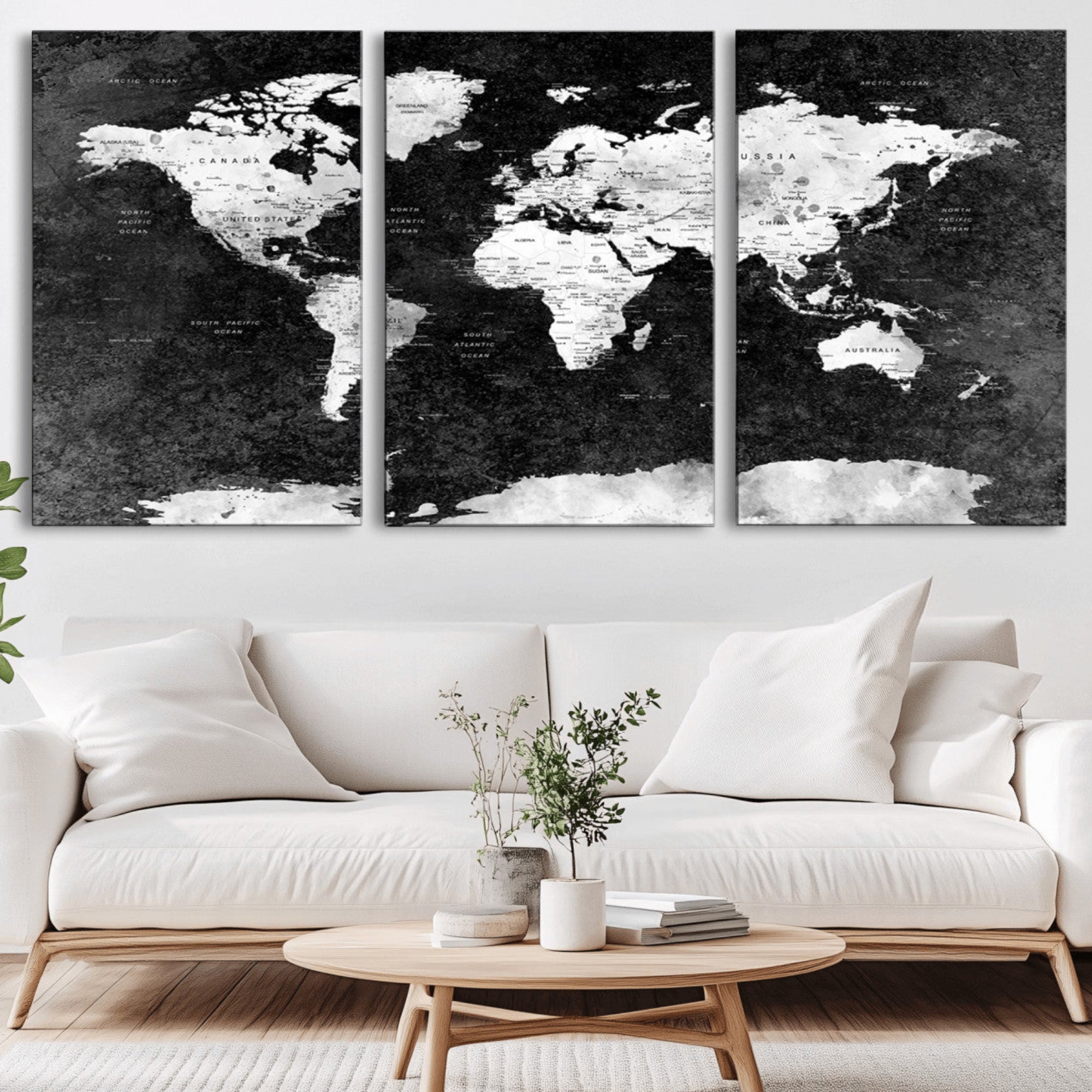 90682-MGV-CV-36X24-Black and White World Map Canvas Print – Framed Push Pin Wall Art for Couples, Modern Minimalist Travel Map for Elegant Home and Office Decor