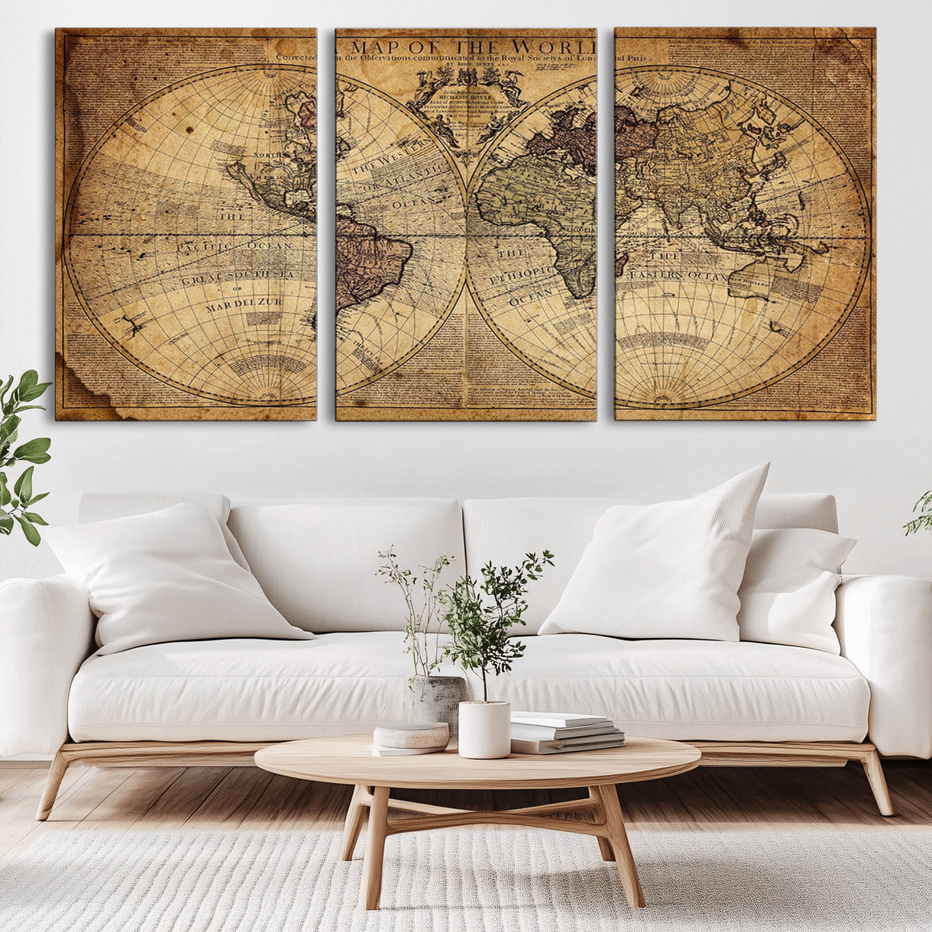 -Vintage World Map Wall Art Canvas – Antique Style Push Pin Travel Map, Framed Decorative Wall Decor for Home, Office