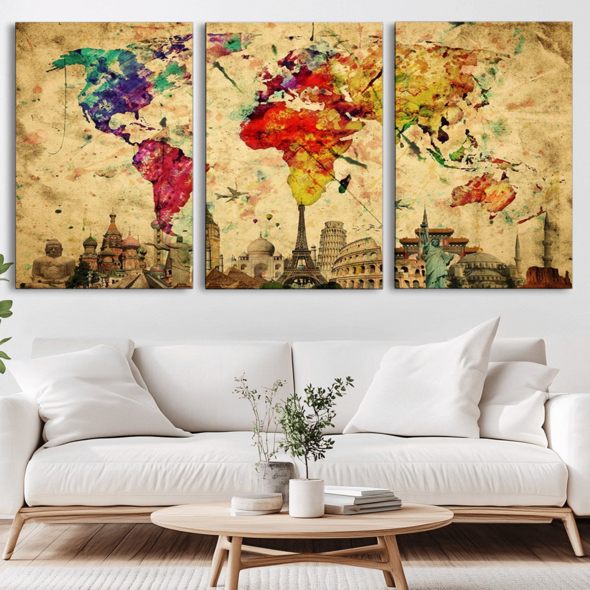 24467-MGV-CV-36X24-Colorful Watercolor World Map Canvas Wall Art – Framed Landmark Travel Map Print, Vibrant Global Artwork for Home and Office Decor