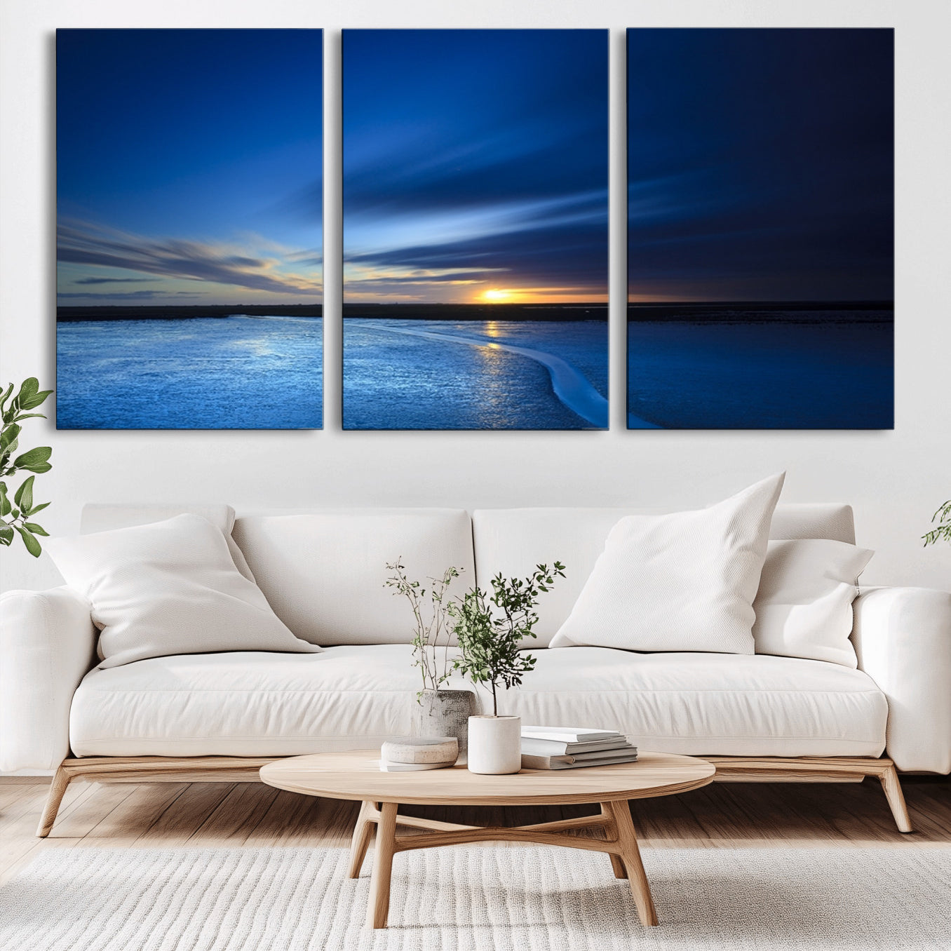 -Blue Sunset Ocean Canvas Wall Art Print – Serene Coastal Horizon Wall Decor for Home or Office –