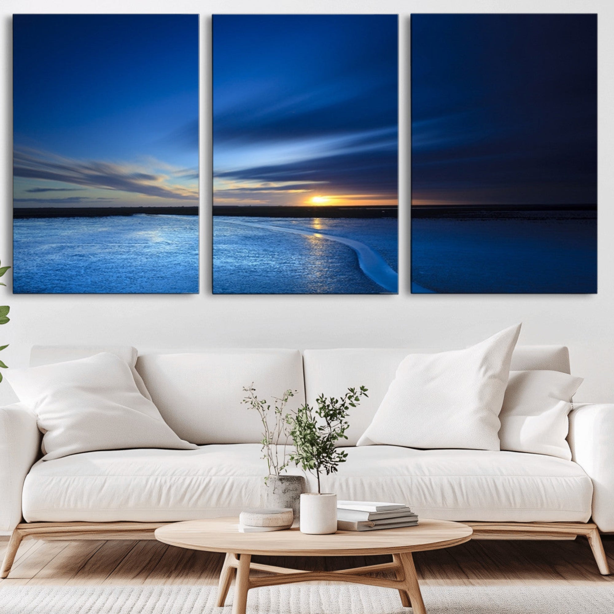 33853-MGV-CV-36X24-Blue Sunset Ocean Canvas Wall Art Print – Serene Coastal Horizon Wall Decor for Home or Office –