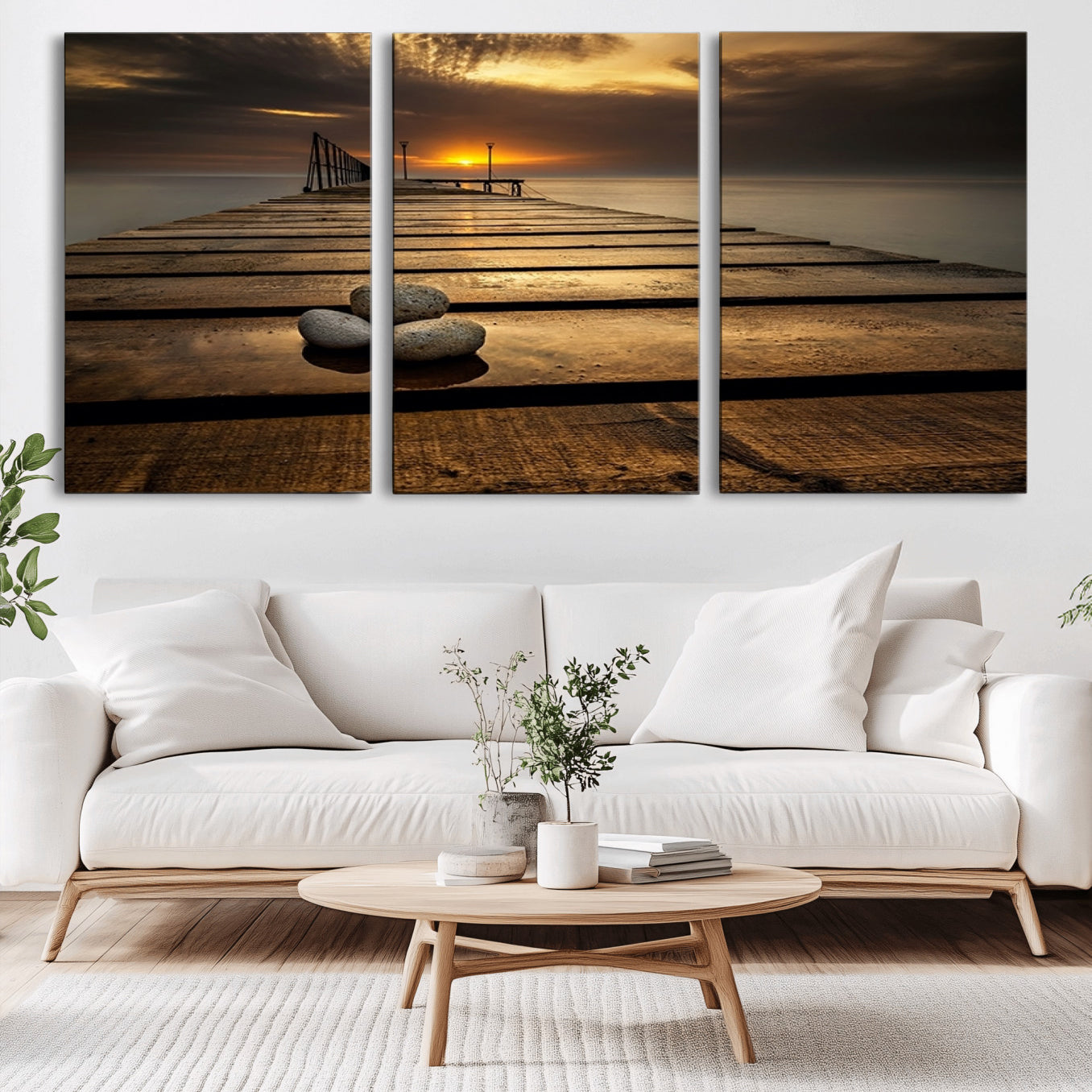 -Stones on Wooden Pier at Sunset Canvas Print, Serene Coastal Wall Art, Beach Sunset Photography,