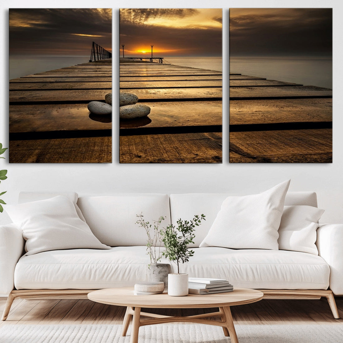 Stones on Wooden Pier at Sunset Canvas Print, Serene Coastal Wall Art