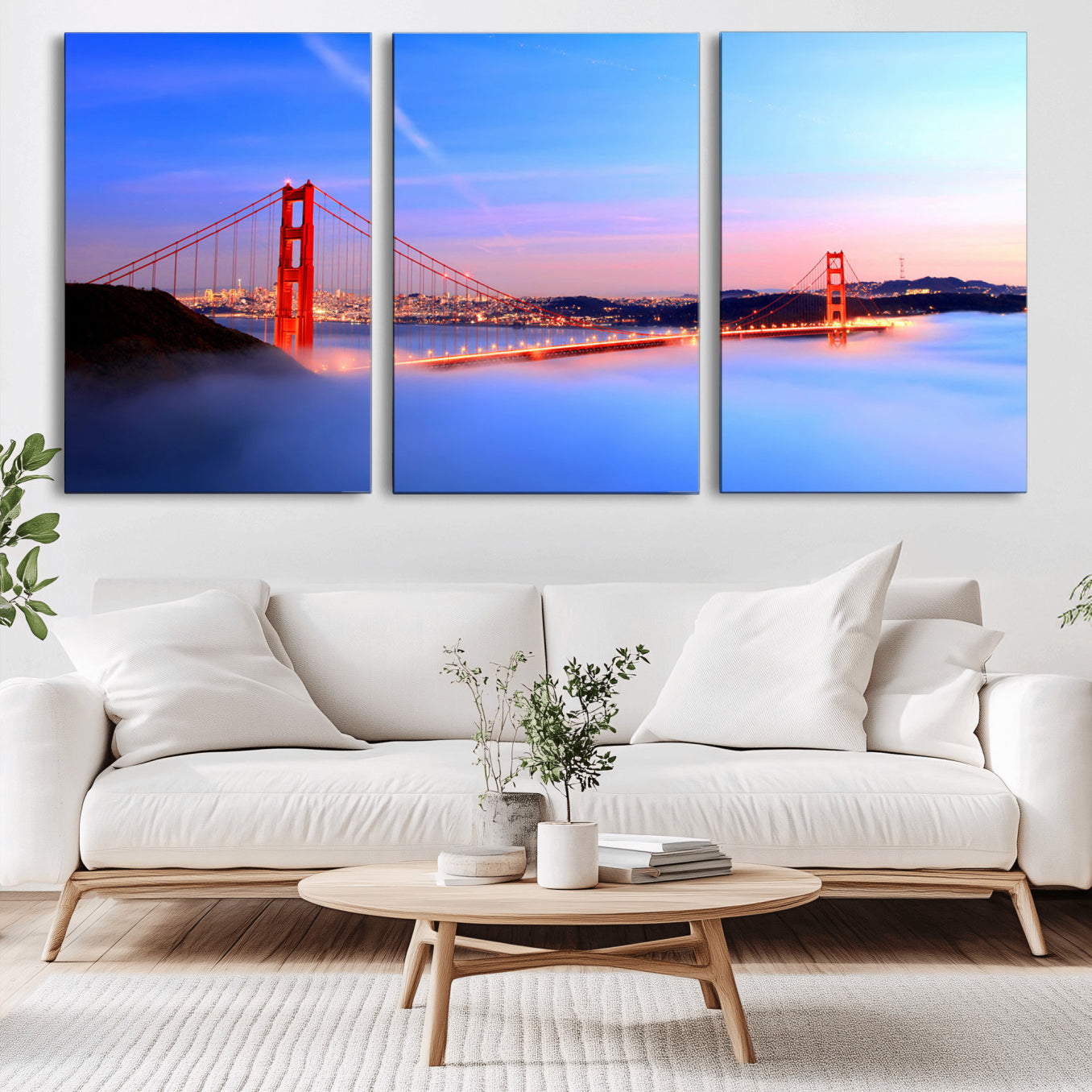 MGV-CV-60X30-3P - Golden Gate Bridge Wall Art Print, San Francisco Sunset Canvas Wall Art, Cityscape Canvas Print for