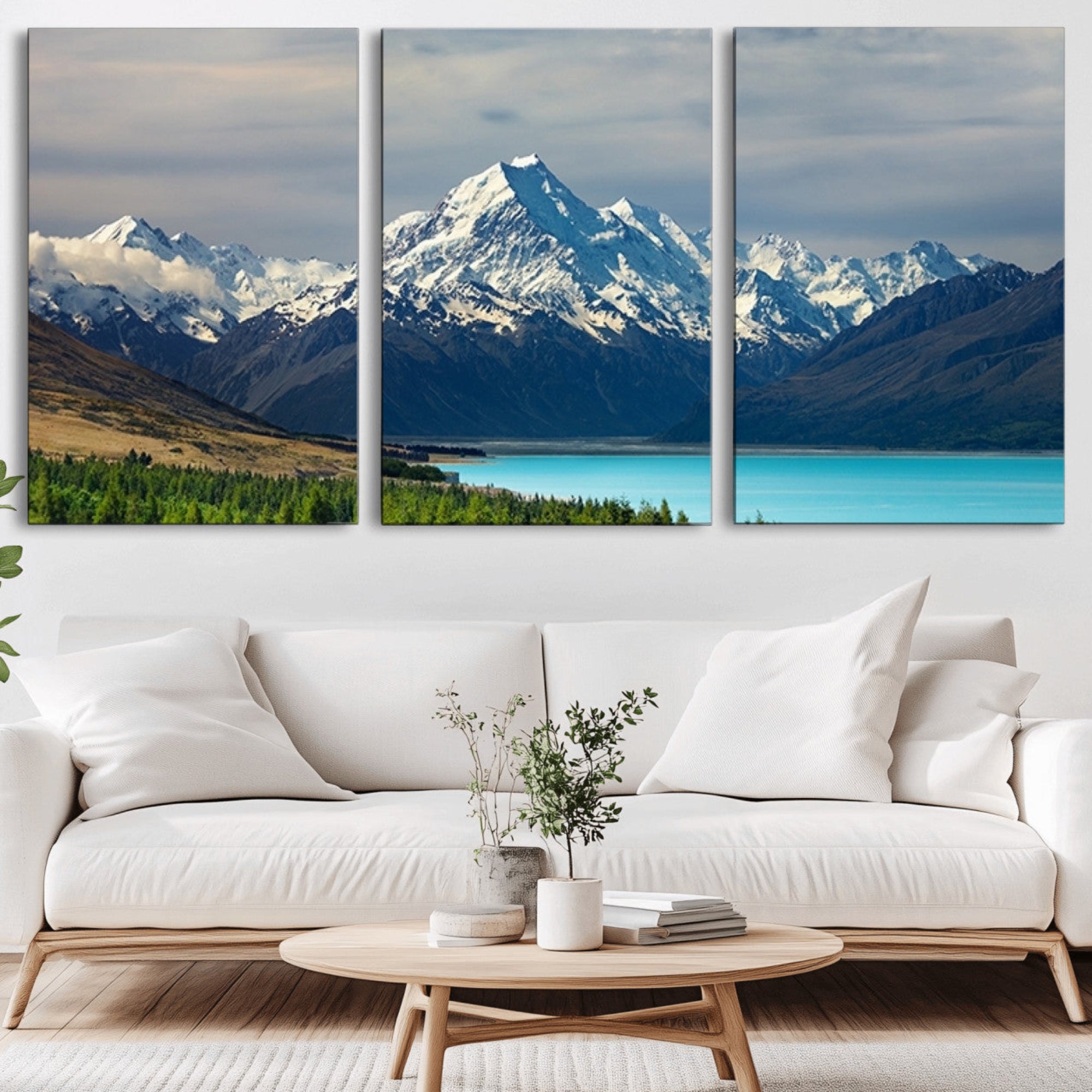 21118-MGV-CV-36X24-Mount Cook and Lake Pukaki Canvas Wall Art Print – Majestic Snow-Capped Peaks and Serene Lake Wall