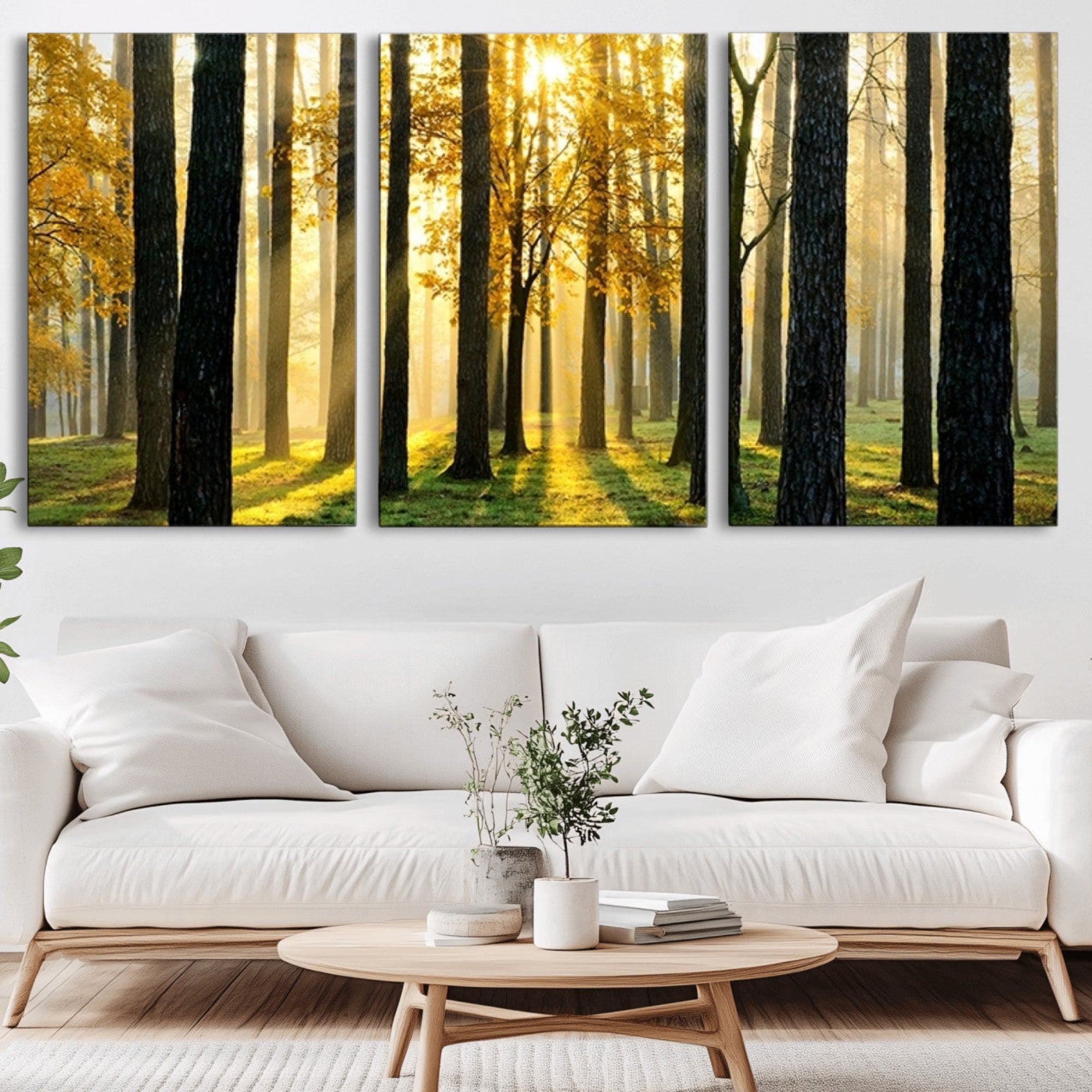 60024-MGV-CV-36X24-Sunlit Forest Canvas Wall Art – Serene Woodland Triptych Landscape Print – Nature-Inspired Decor for