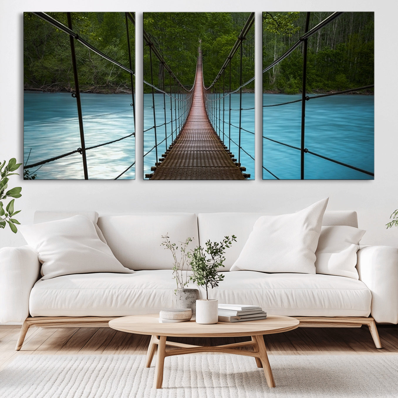 -Suspension Bridge Over River Canvas Art | 3-Panel Nature Photography | Scenic Wall Art for Living