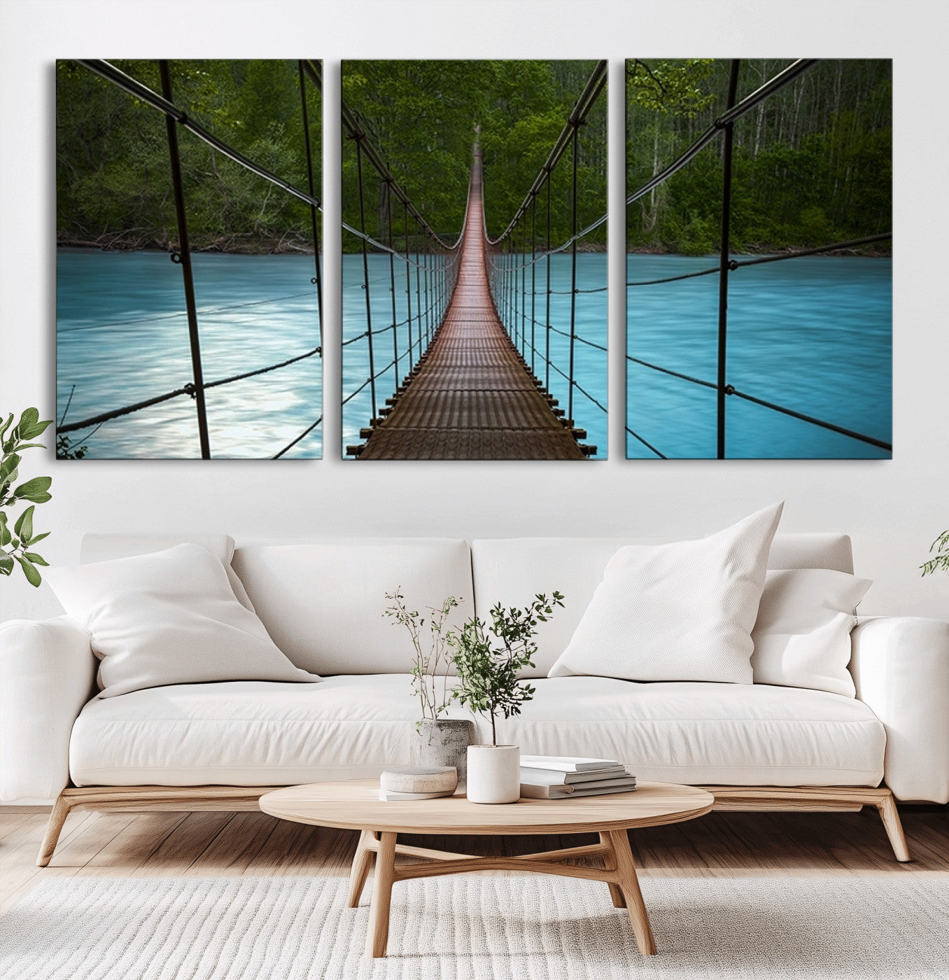 -Suspension Bridge Over River Canvas Art | 3-Panel Nature Photography | Scenic Wall Art for Living