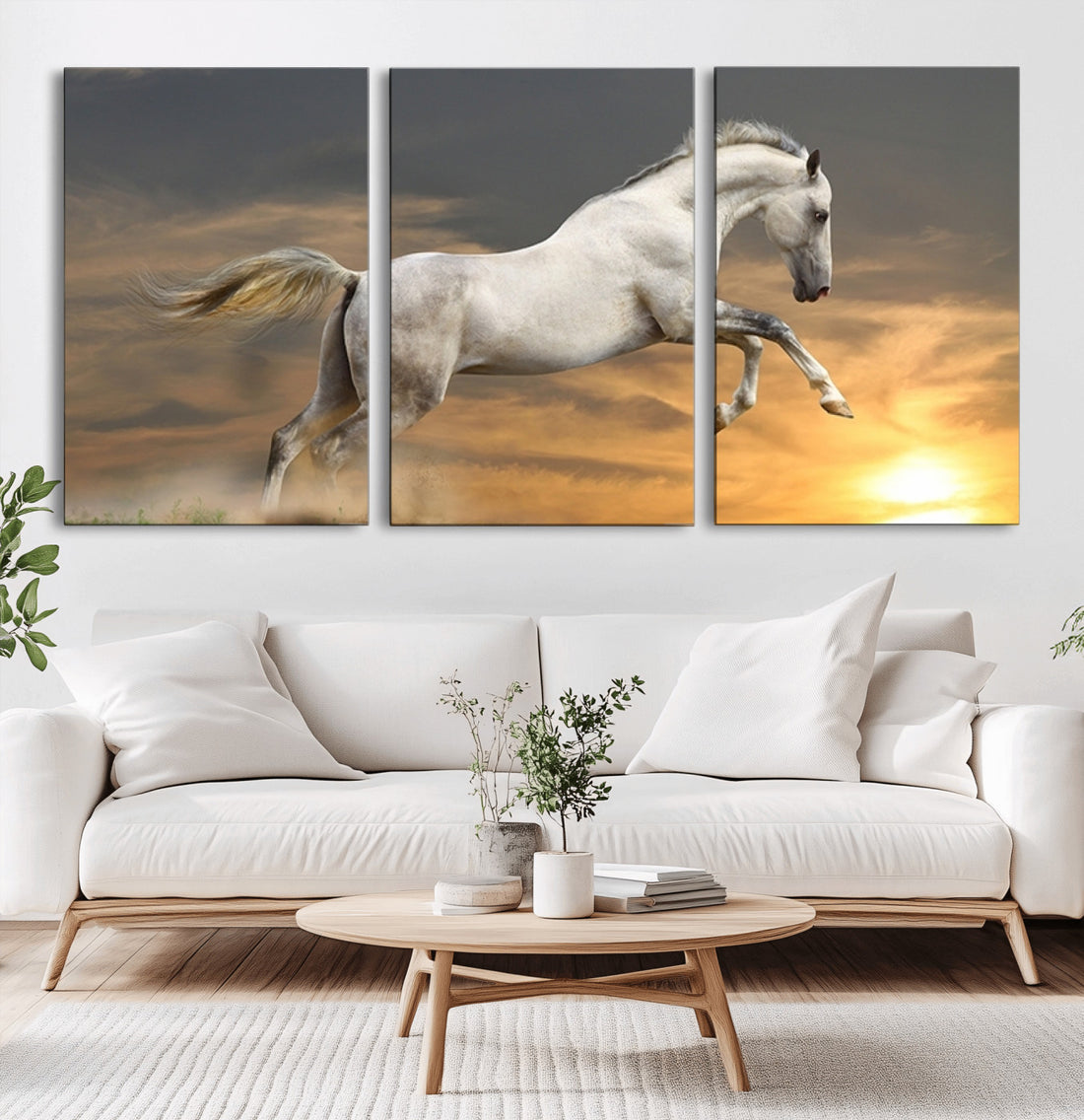 Large Wall Art Canvas Print, White Jumping Horse at Sunset