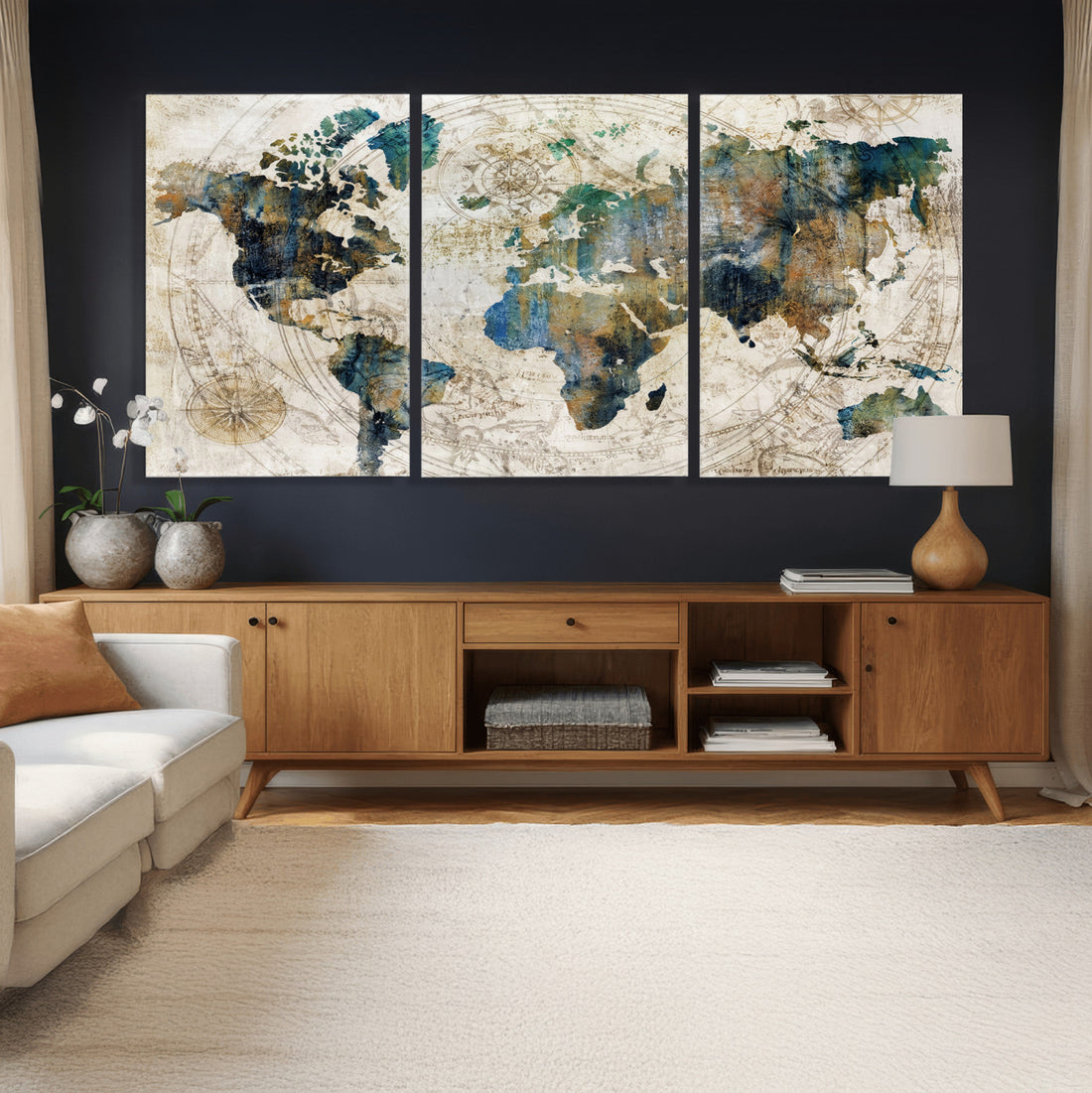 Framed Vintage World Map Wall Art, Abstract Map Canvas Print