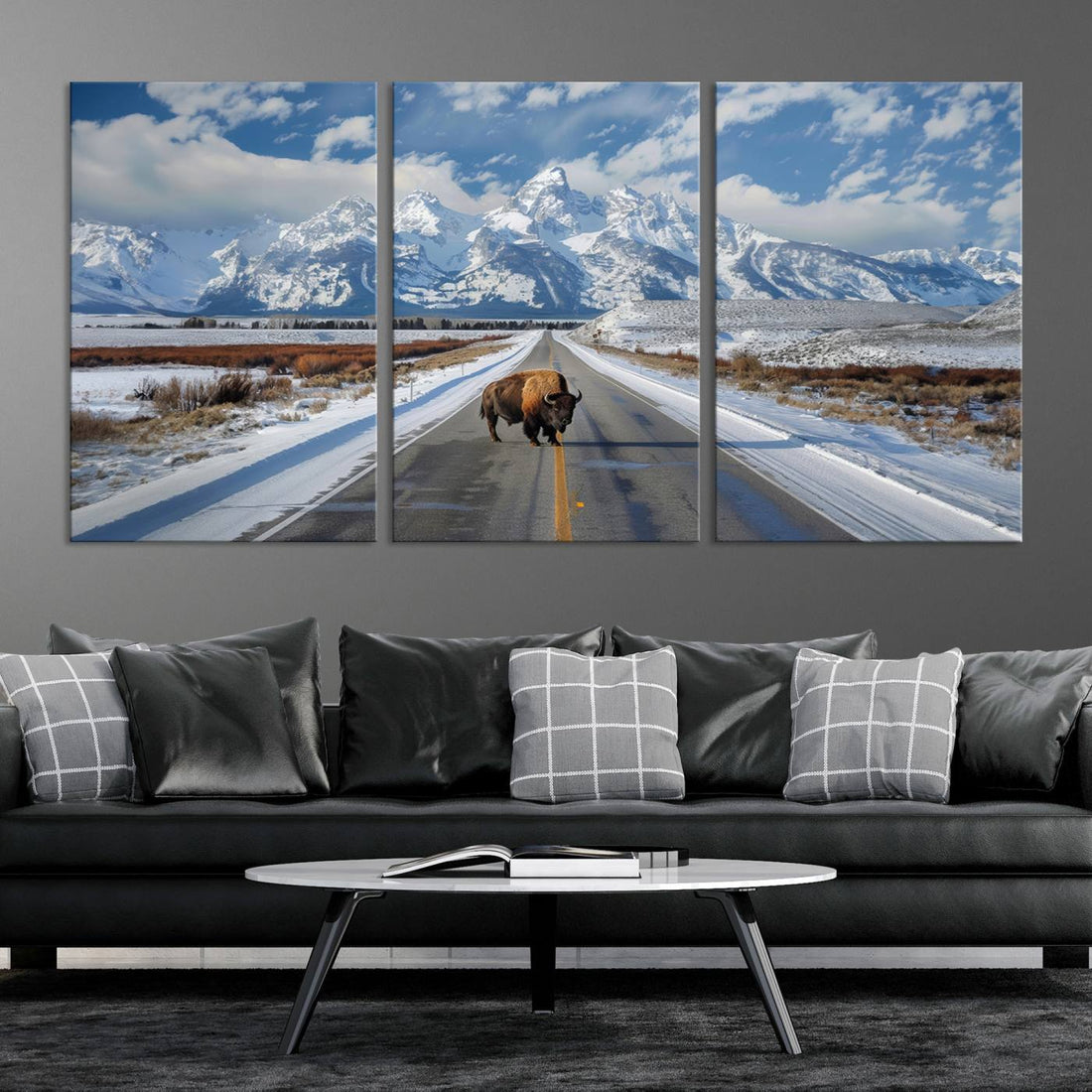 Bison Wall Art | Snowy Road Wall Art | Framed Mountain Landscape Canvas