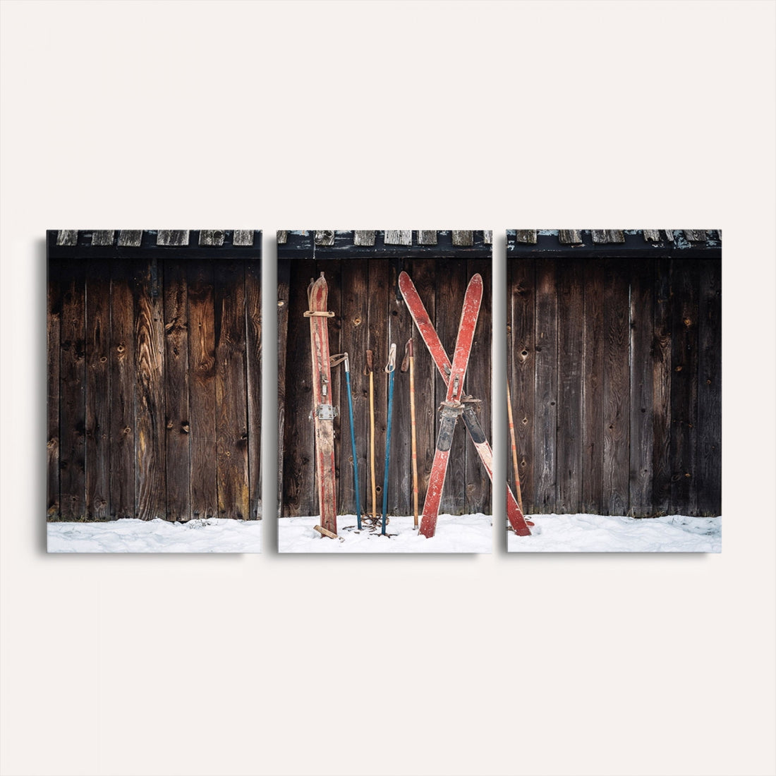 Vintage Ski Gear Canvas Print, Vintage Ski Gear Against Wooden Cabin Wall