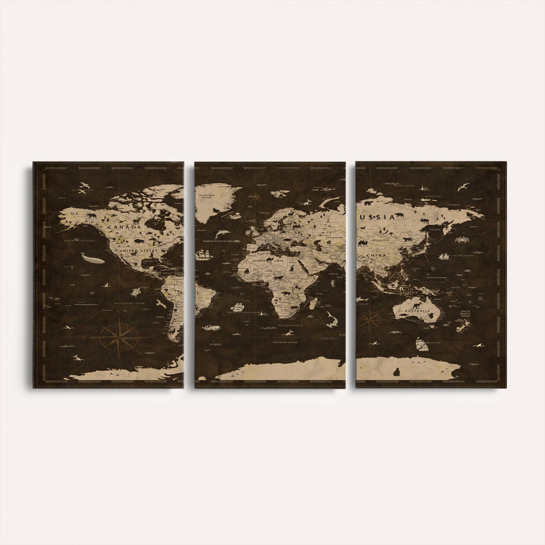 Colorful World Map Canvas Wall Art with Landmarks | Framed Travel Map