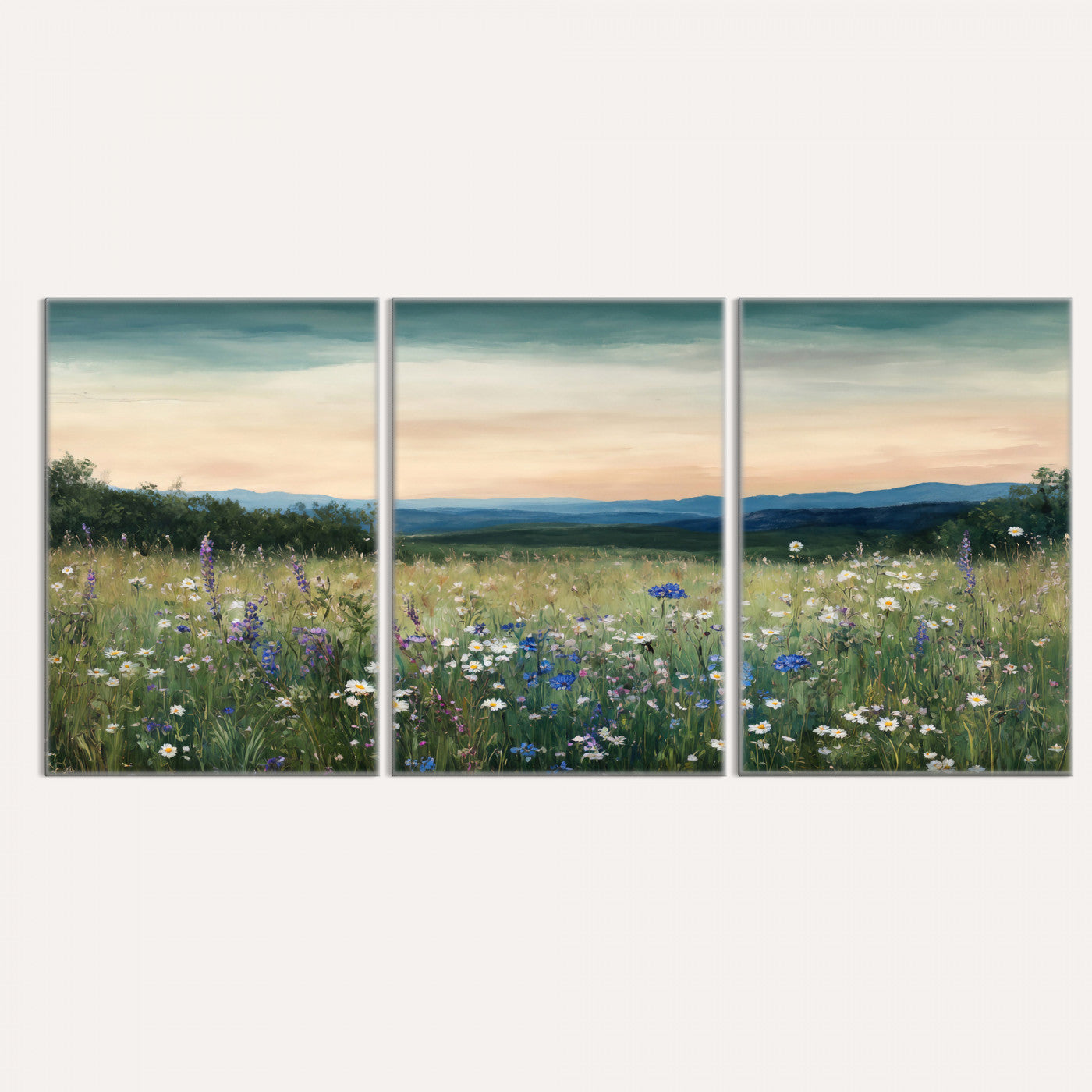 35773805-MGV-CV-36X24 - Wildflower Meadow Oil Painting Canvas Print - Daisy Lavender Mountain Sunset Print | Cottagecore Floral Wall Art - Bedroom Decor Gift for Her