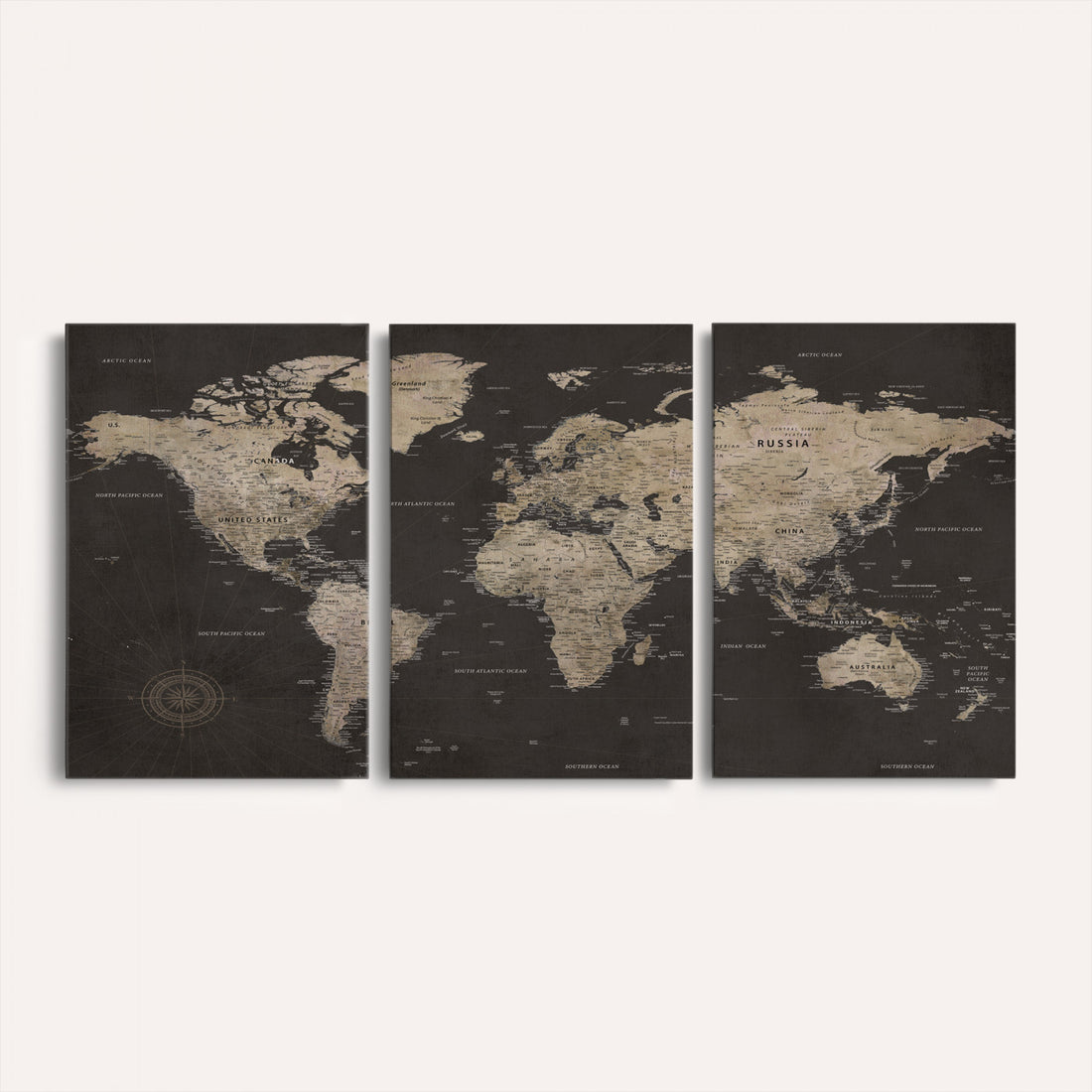World Map Canvas Wall Art, Dark Charcoal and Antique Tan Detailed Map