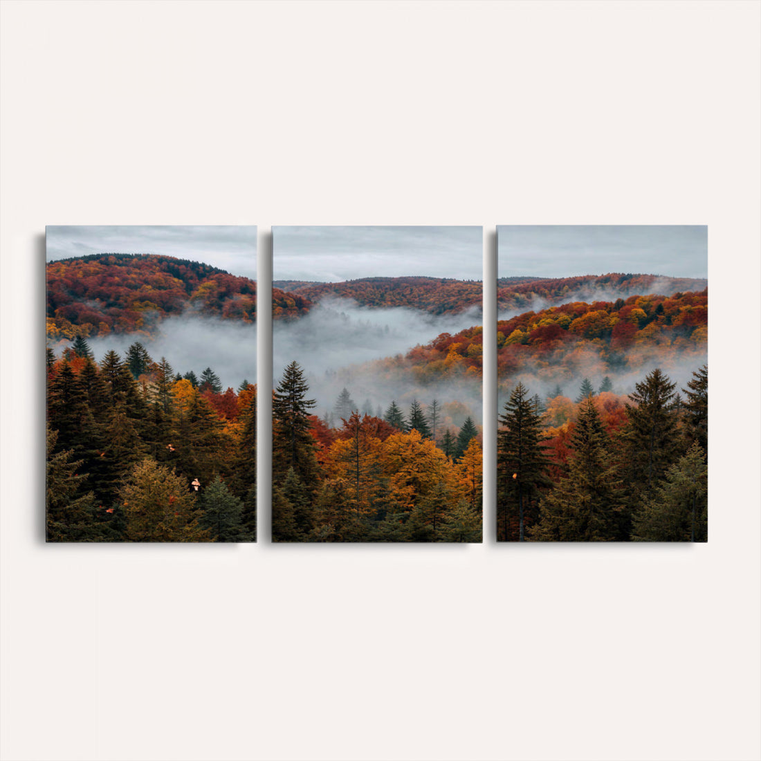 Misty Autumn Forest Mountain Canvas Print 3 Panel Wall Art Gallery Wrapped Floating Frame Poster Made in USA
