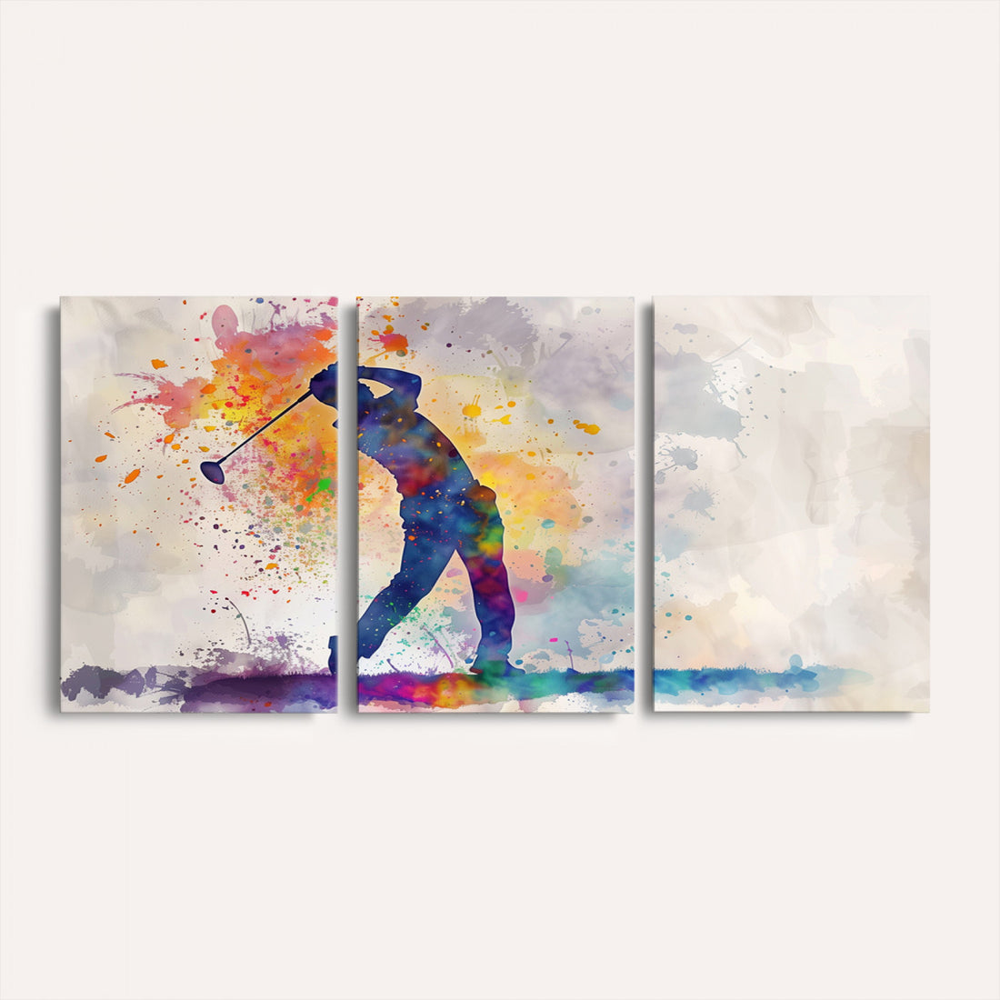 Vibrant Watercolor Golf Swing Wall Art Canvas Print | Extra Large 3 Piece Canvas Wall Art