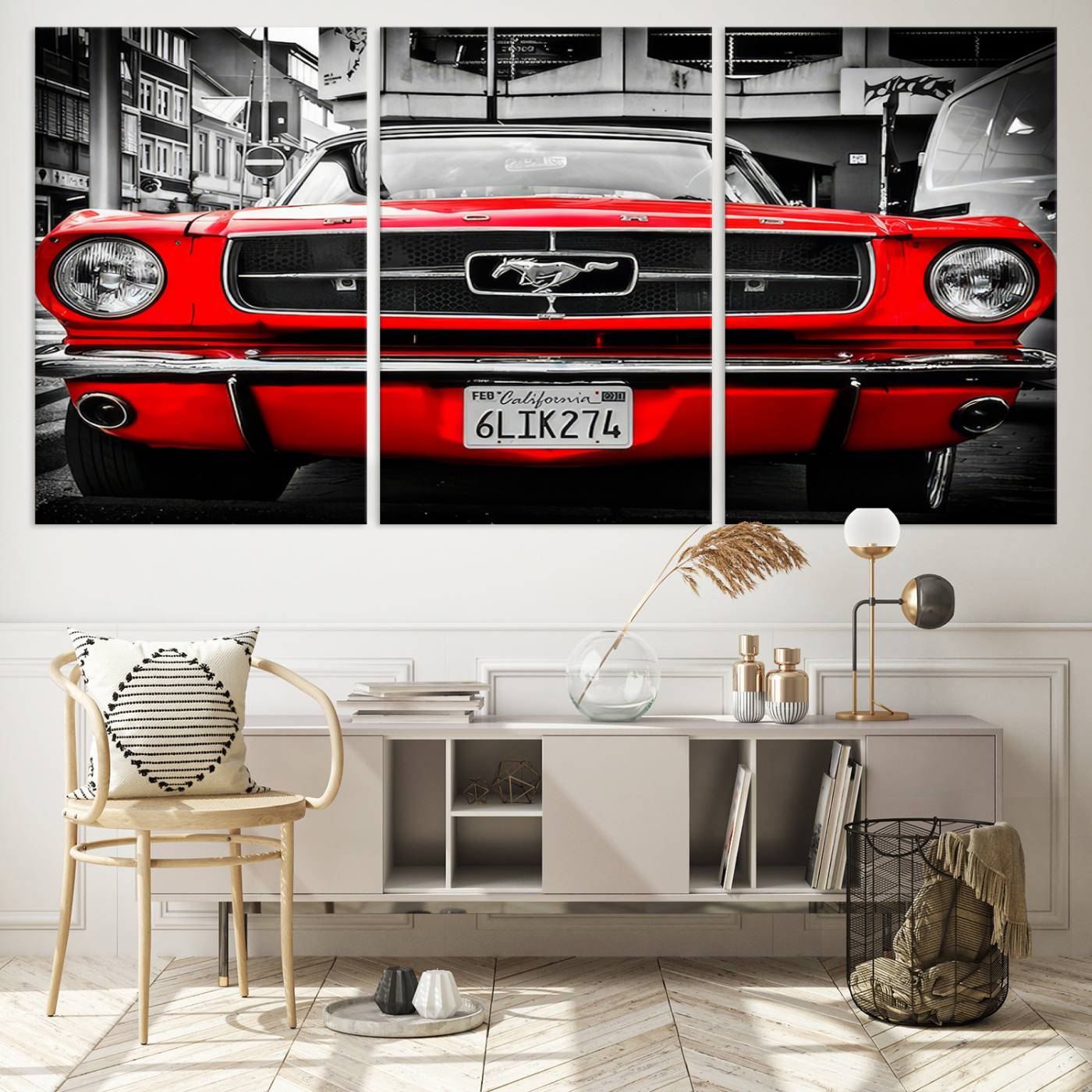 20365-MGV-CV-48X32-3P-Red Mustang Car Wall Art – Framed Classic Vehicle Canvas Artwork, Black White Urban Design, Decor for Home, Office