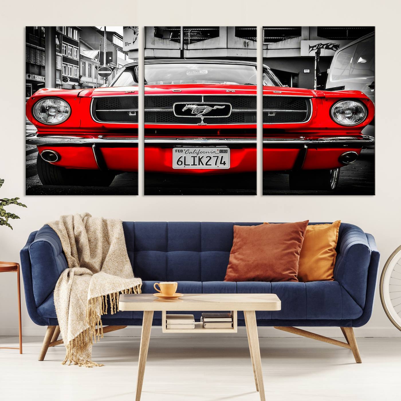 20365-MGV-CV-48X32-3P-Red Mustang Car Wall Art – Framed Classic Vehicle Canvas Artwork, Black White Urban Design, Decor for Home, Office