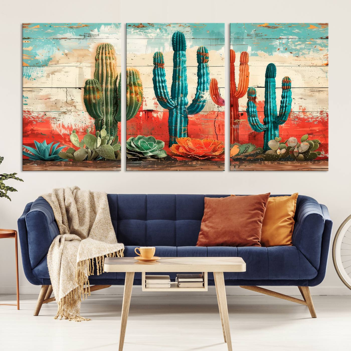 A vivid southwestern-style artwork featuring an eclectic mix of cacti and succulents painted against a textured, rustic wood backdrop in rich turquoise, red, and orange hues.