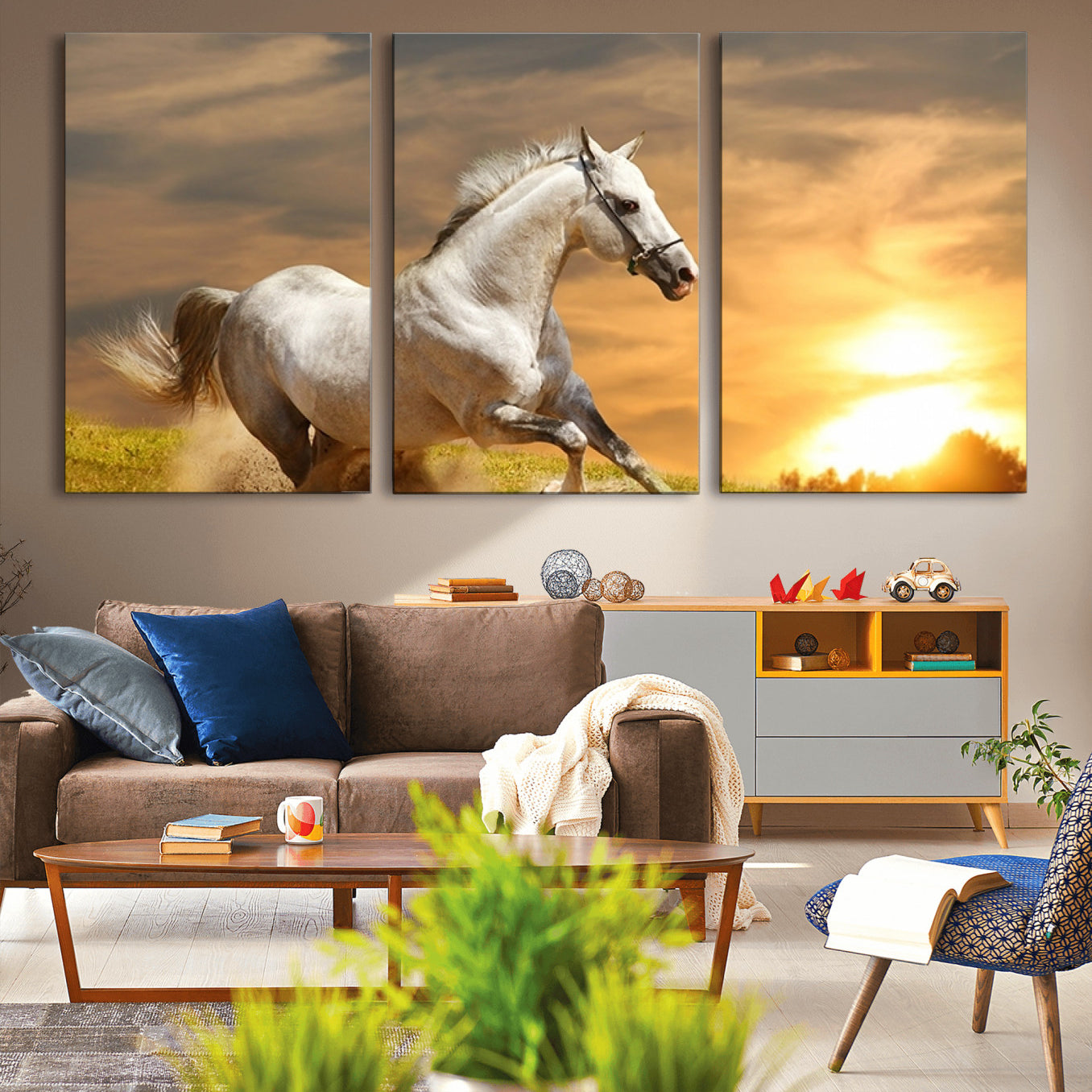 -Large Wall Art Galloping White Horse at Sunset Canvas Print