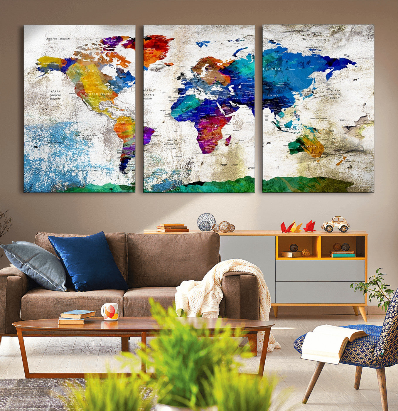 89870-MGV-CV-36X24-Push Pin World Map Canvas Print – Framed Travel Map Wall Art for Couples, Anniversary Gift, Modern Home or Office Decor