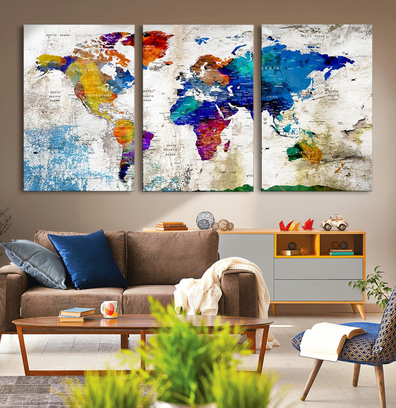-Push Pin World Map Canvas Print – Framed Travel Map Wall Art for Couples, Anniversary Gift, Modern Home or Office Decor