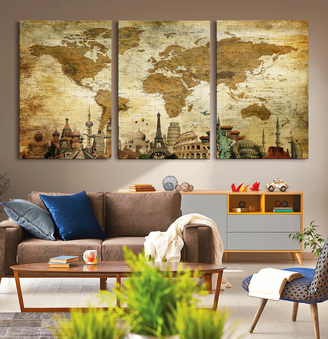 97849-MGV-CV-36X24-Vintage World Map Canvas Wall Art – Framed Push Pin Travel Map with Famous Landmarks, Rustic Home and Office Decor Artwork for Travelers