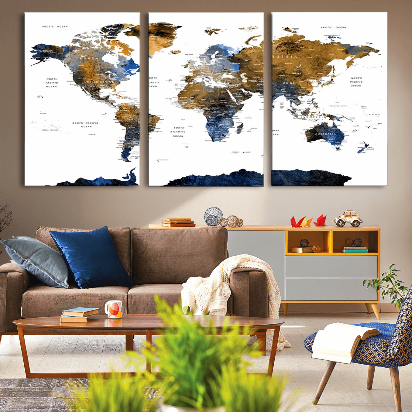 56231-MGV-CV-36X24-Navy and Gold World Map Canvas Wall Art – Framed Modern World Map Print, Elegant Travel Inspired Artwork for Home and Office Decor