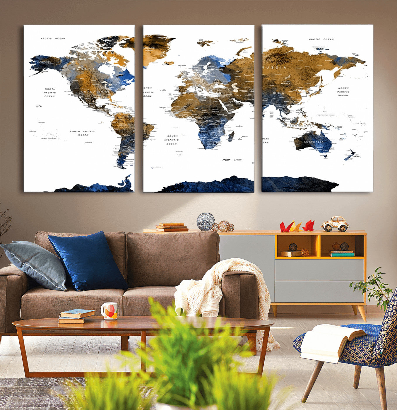 56231-MGV-CV-36X24-Navy and Gold World Map Canvas Wall Art – Framed Modern World Map Print, Elegant Travel Inspired Artwork for Home and Office Decor