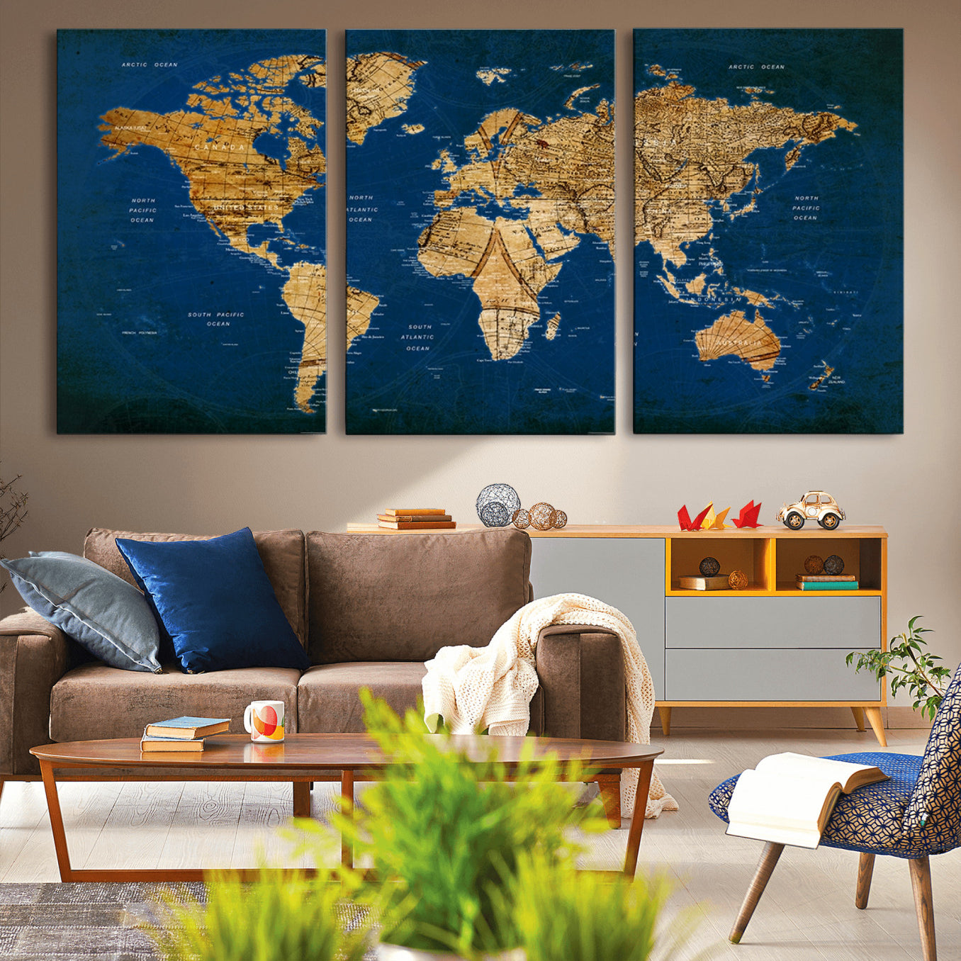 50845-MGV-CV-60X30-3P-Navy Blue and Gold World Map Canvas Print – Framed Luxury Push Pin Wall Art, Elegant Vintage Travel Map Decor for Home or Office