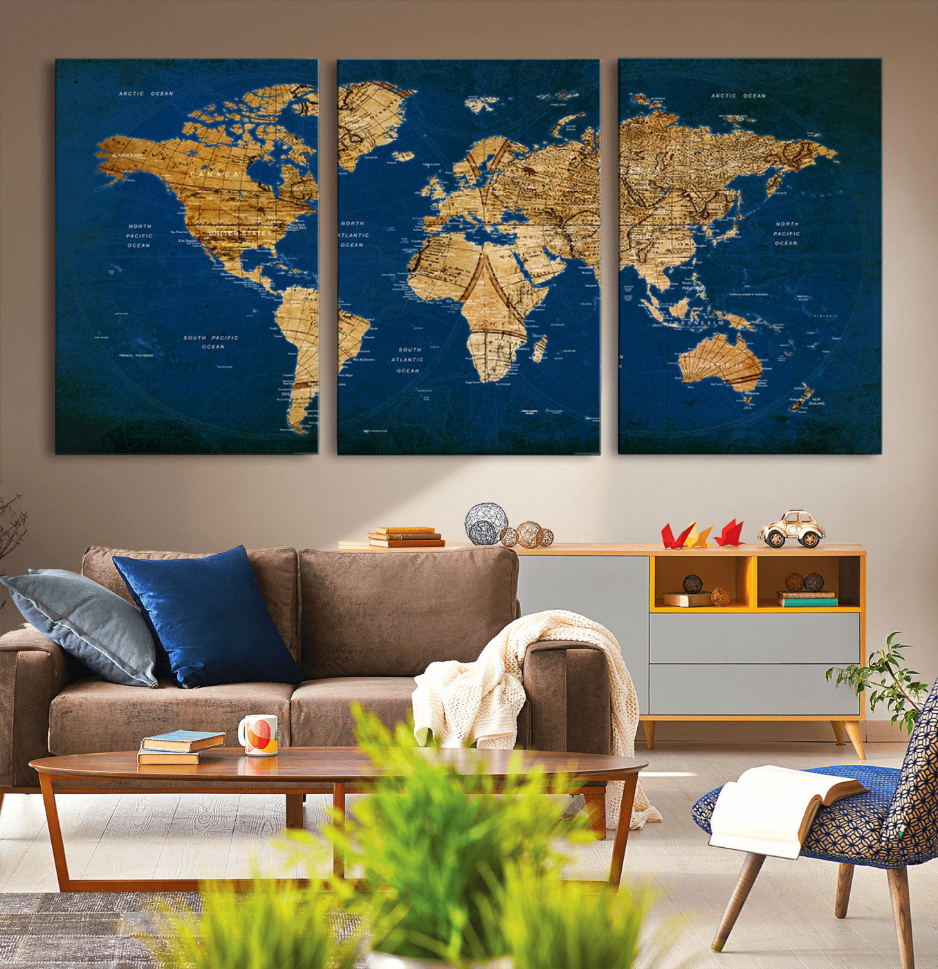 50845-MGV-CV-60X30-3P-Navy Blue and Gold World Map Canvas Print – Framed Luxury Push Pin Wall Art, Elegant Vintage Travel Map Decor for Home or Office