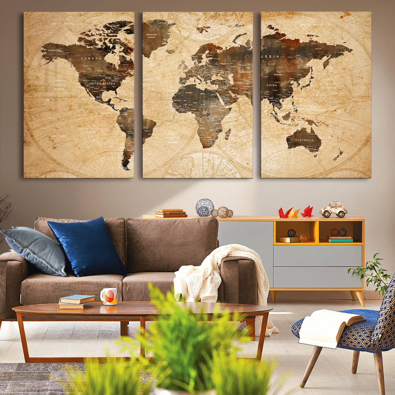 -Push Pin World Map Canvas Print – Framed Travel Tracker Wall Art for Couples, Perfect Anniversary Gift and Home Decor