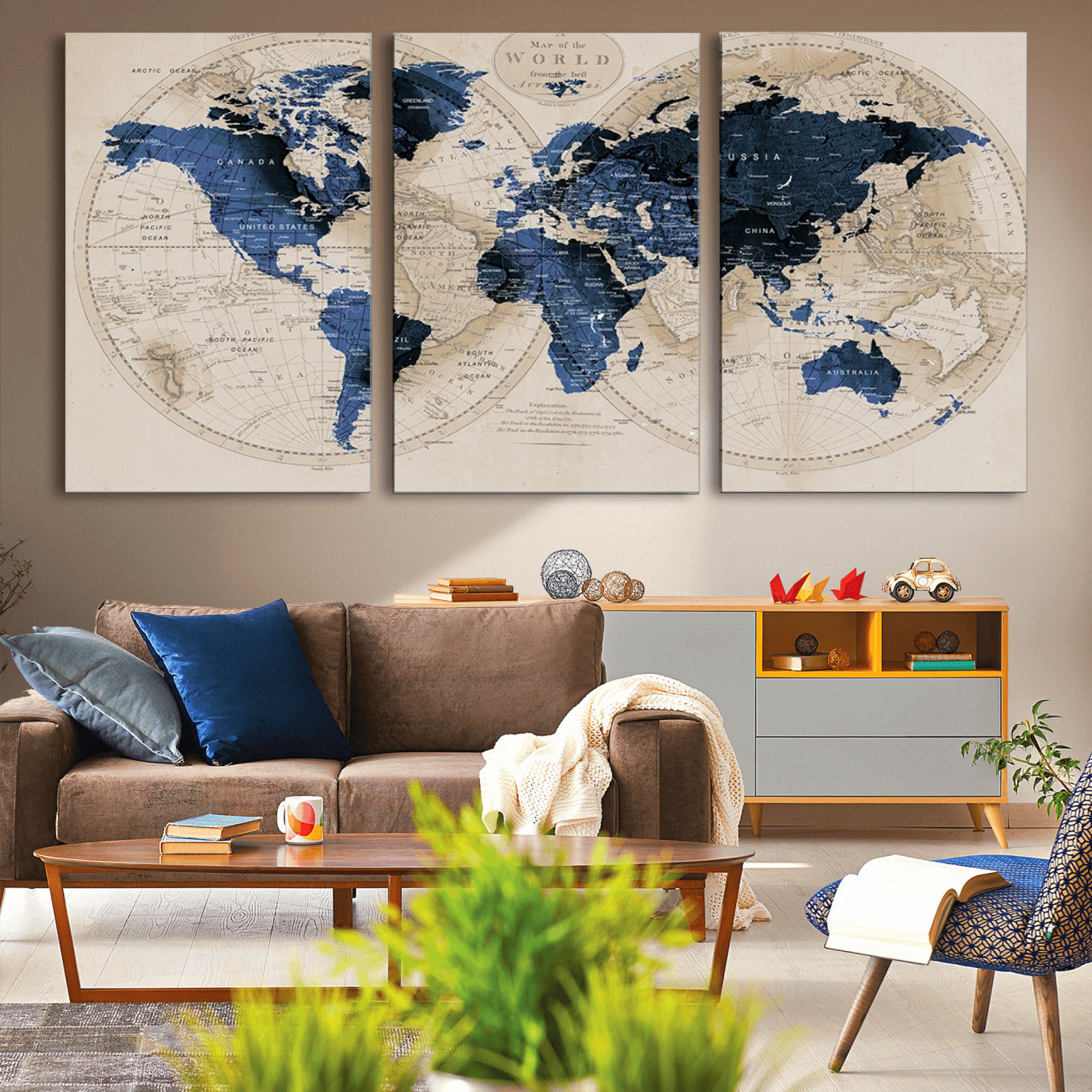 -Vintage Blue World Map Canvas Wall Art – Antique Style Framed Map Print, Elegant Travel Decor for Home Office or Study