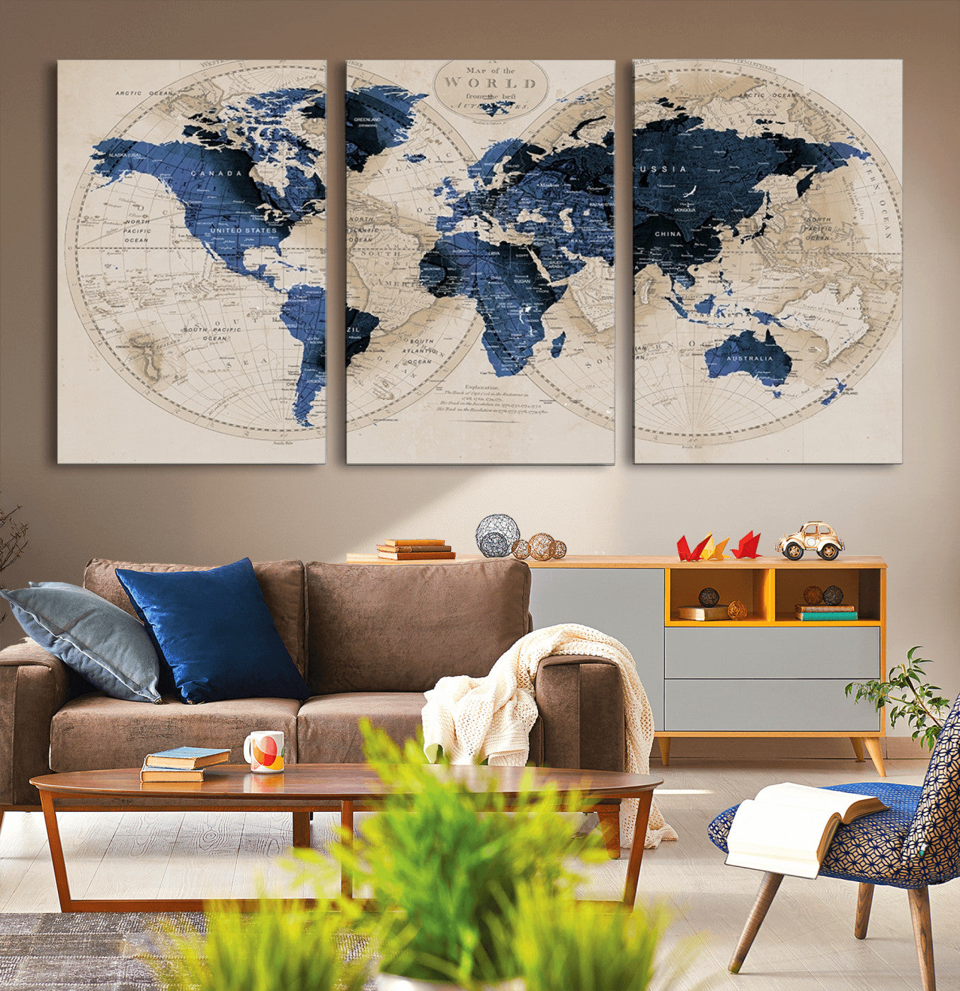 67444-MGV-CV-36X24-Vintage Blue World Map Canvas Wall Art – Antique Style Framed Map Print, Elegant Travel Decor for Home Office or Study