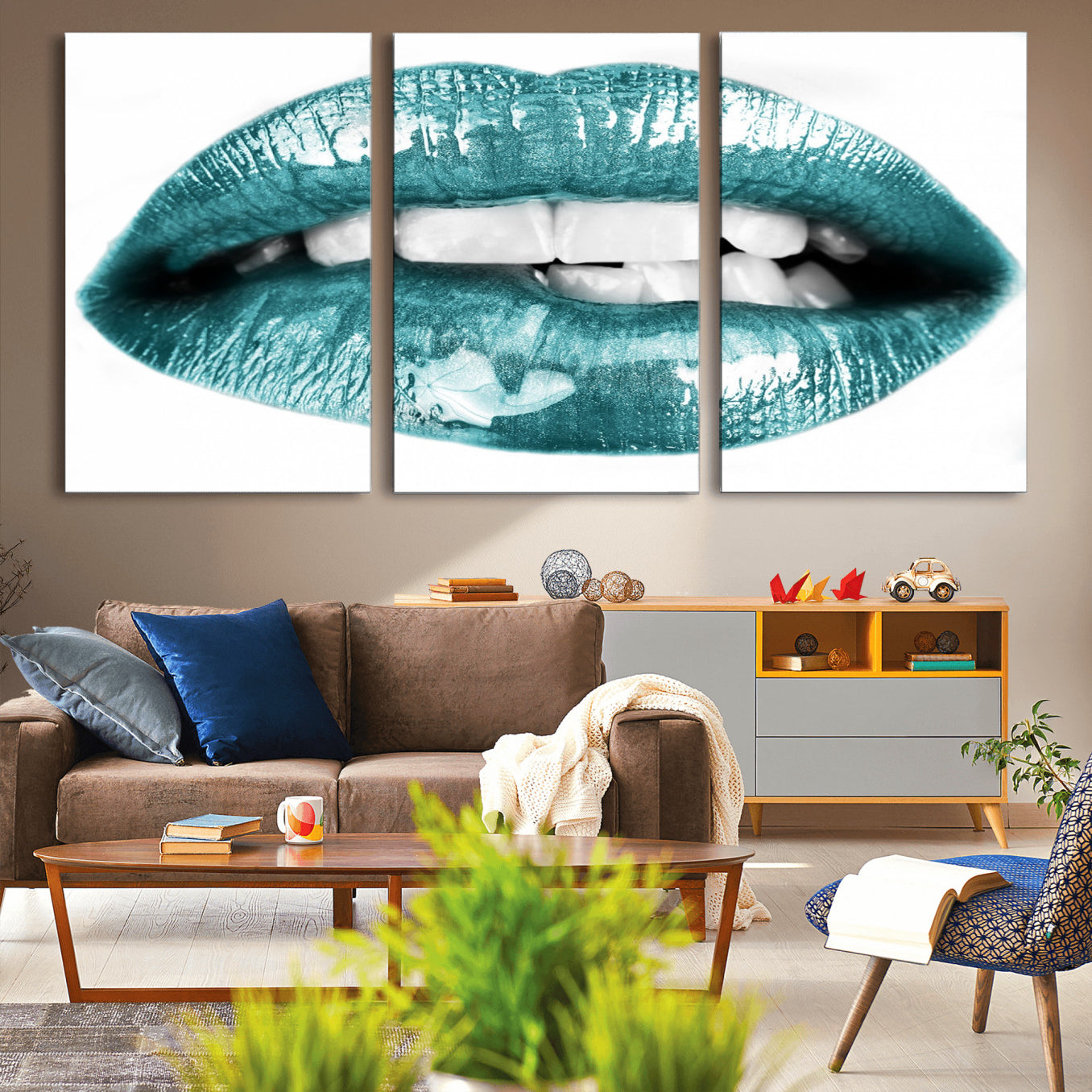 -Blue Lips Wall Art Canvas Print
